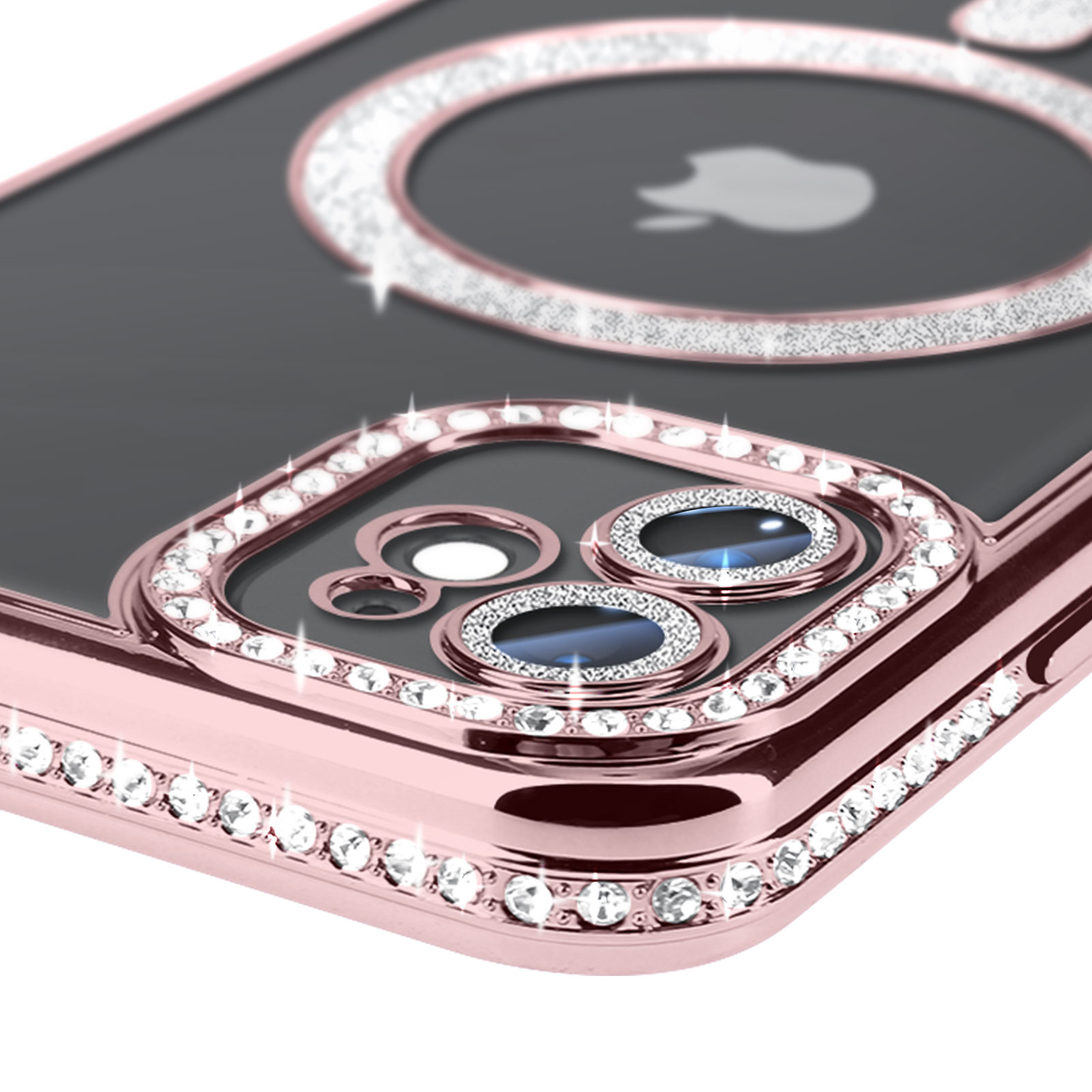 Primo piano di una custodia per telefono oro rosa con cristalli attorno alla fotocamera e un anello MagSafe.