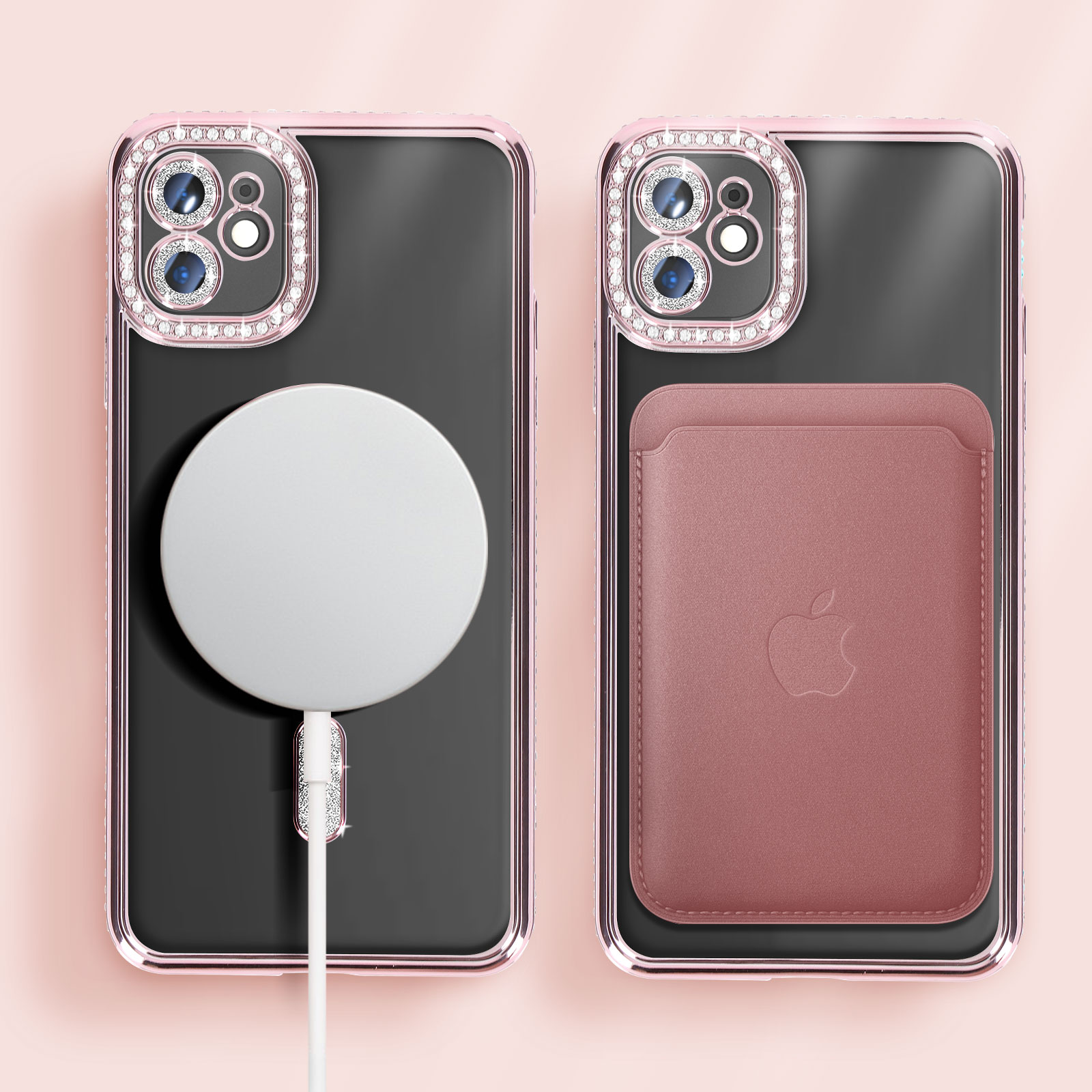 Due telefoni con custodie di cristallo con un pad di ricarica bianco e un portafoglio in pelle.