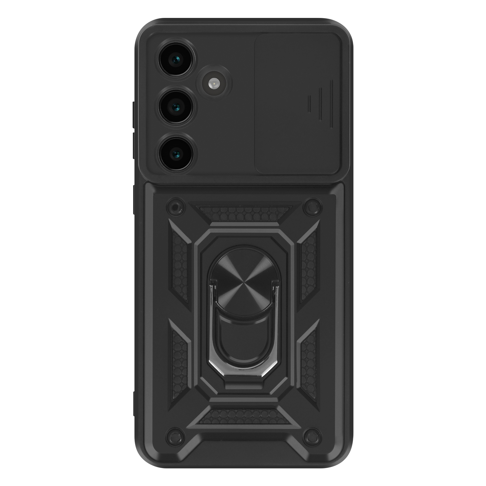 Custodia per telefono nera con una copertura scorrevole per la fotocamera. La custodia ha anche un anello per tenere il telefono.
