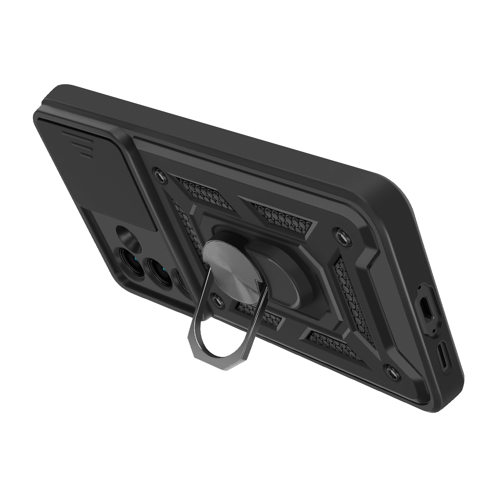 Custodia nera con supporto ad anello, design strutturato e copertura estraibile, sfondo bianco.