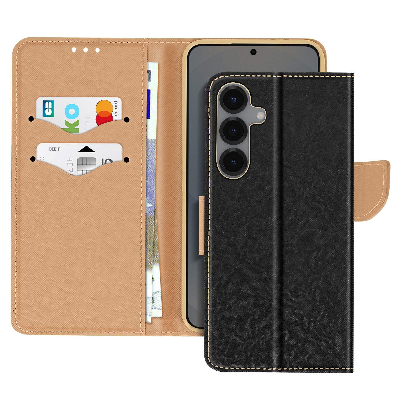 Custodia per telefono nera con una cover frontale e un'area portafoglio. Il portafoglio contiene carte e contanti.