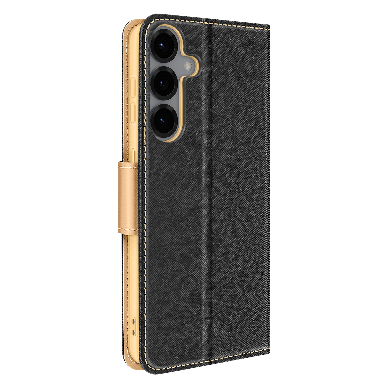 Custodia per telefono nera con interno dorato, con un telefono all'interno.