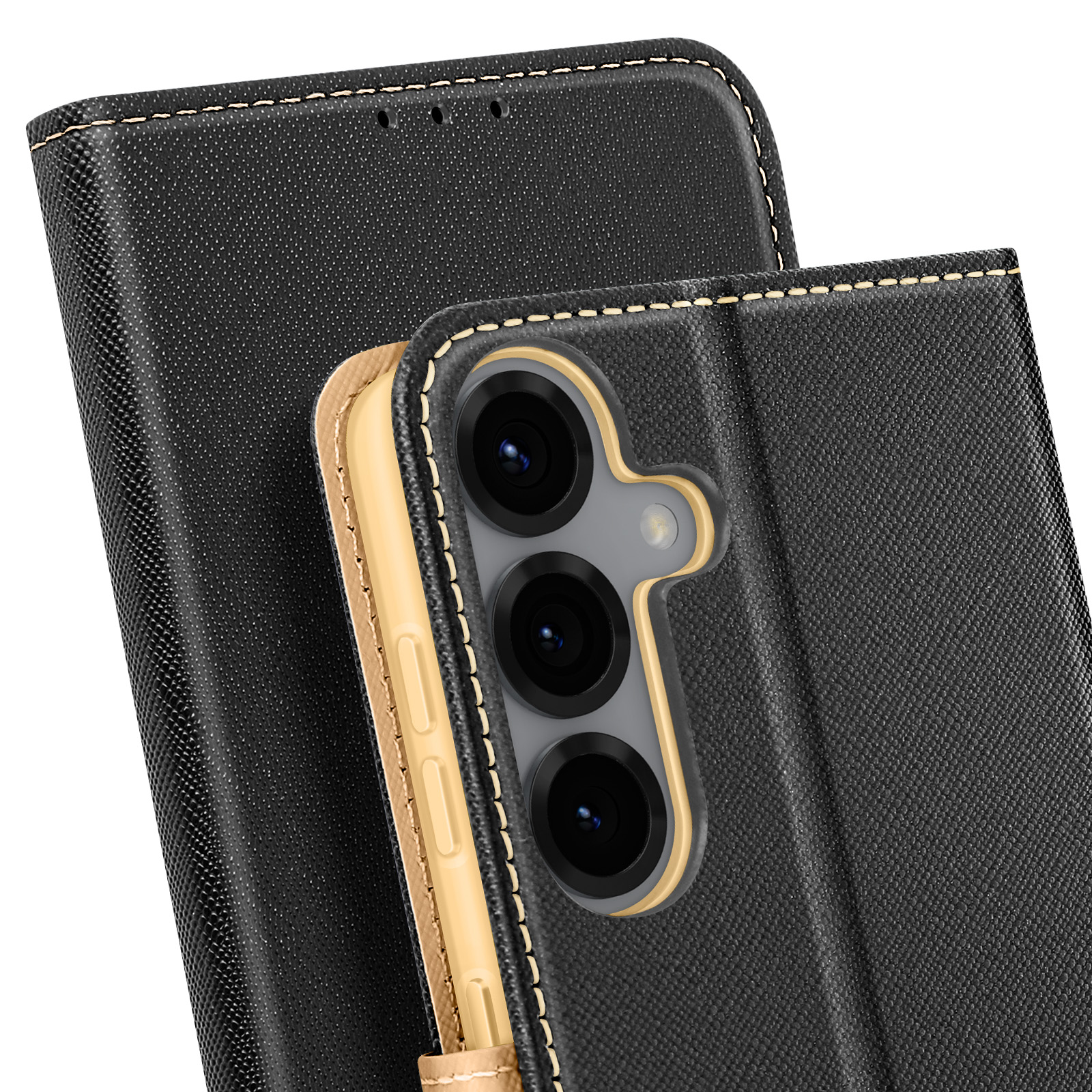 Custodia per telefono nera con ritagli per fotocamera. La custodia è aperta.