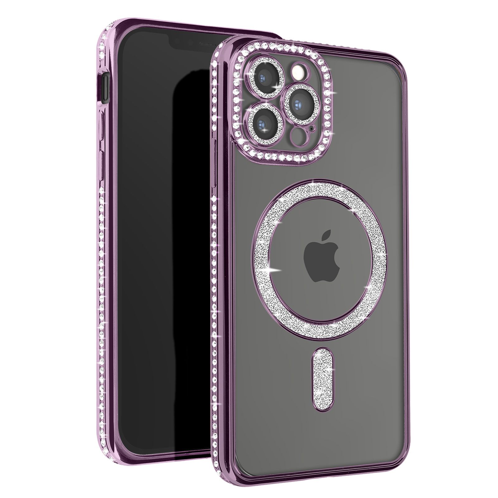 Custodia viola con cristalli. Telefono a sinistra. Retro trasparente con logo Apple.