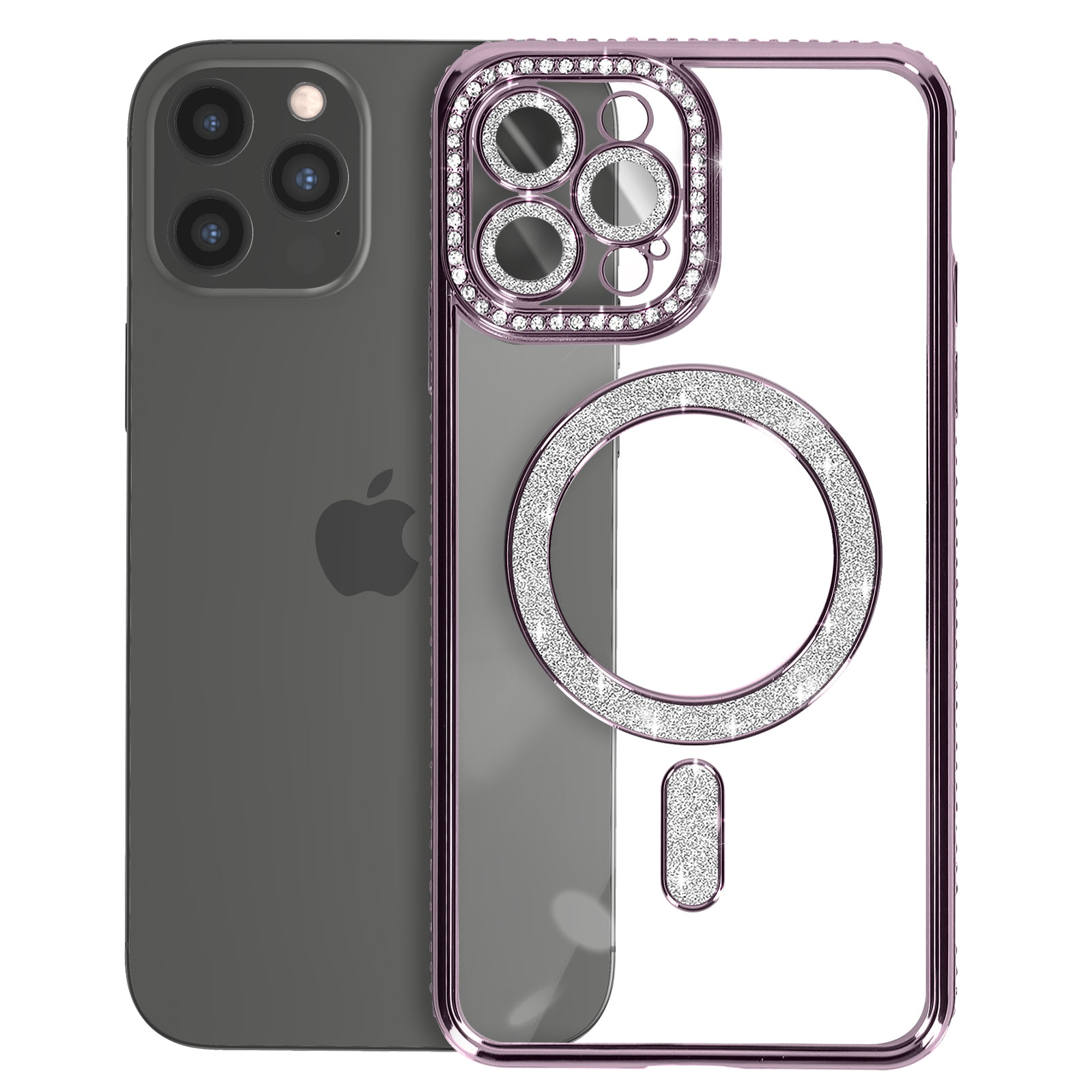 Custodia trasparente con bordi rosa, strass e telefono con tre lenti.
