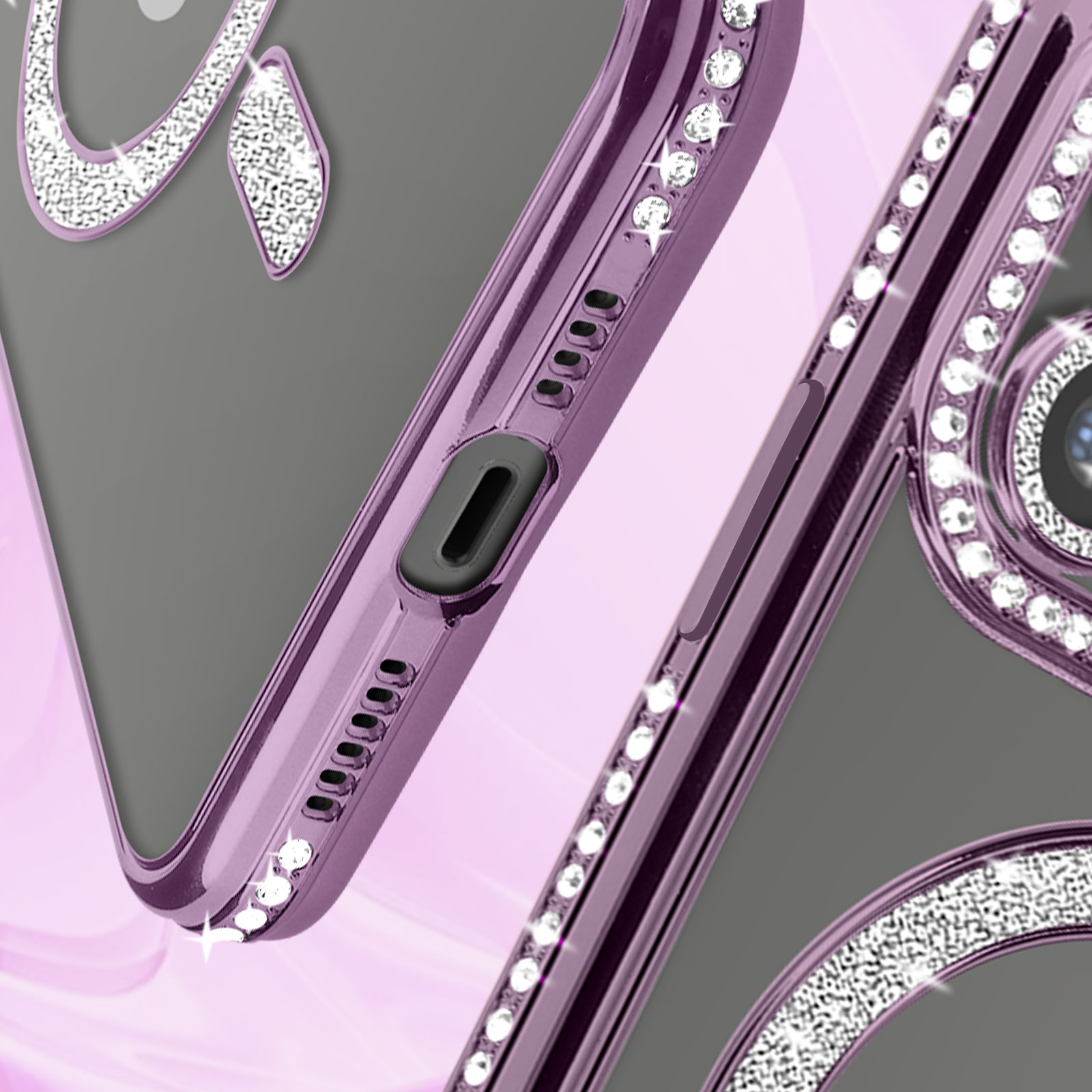 Primo piano di una custodia per telefono con strass, che mostra il bordo e la fotocamera.