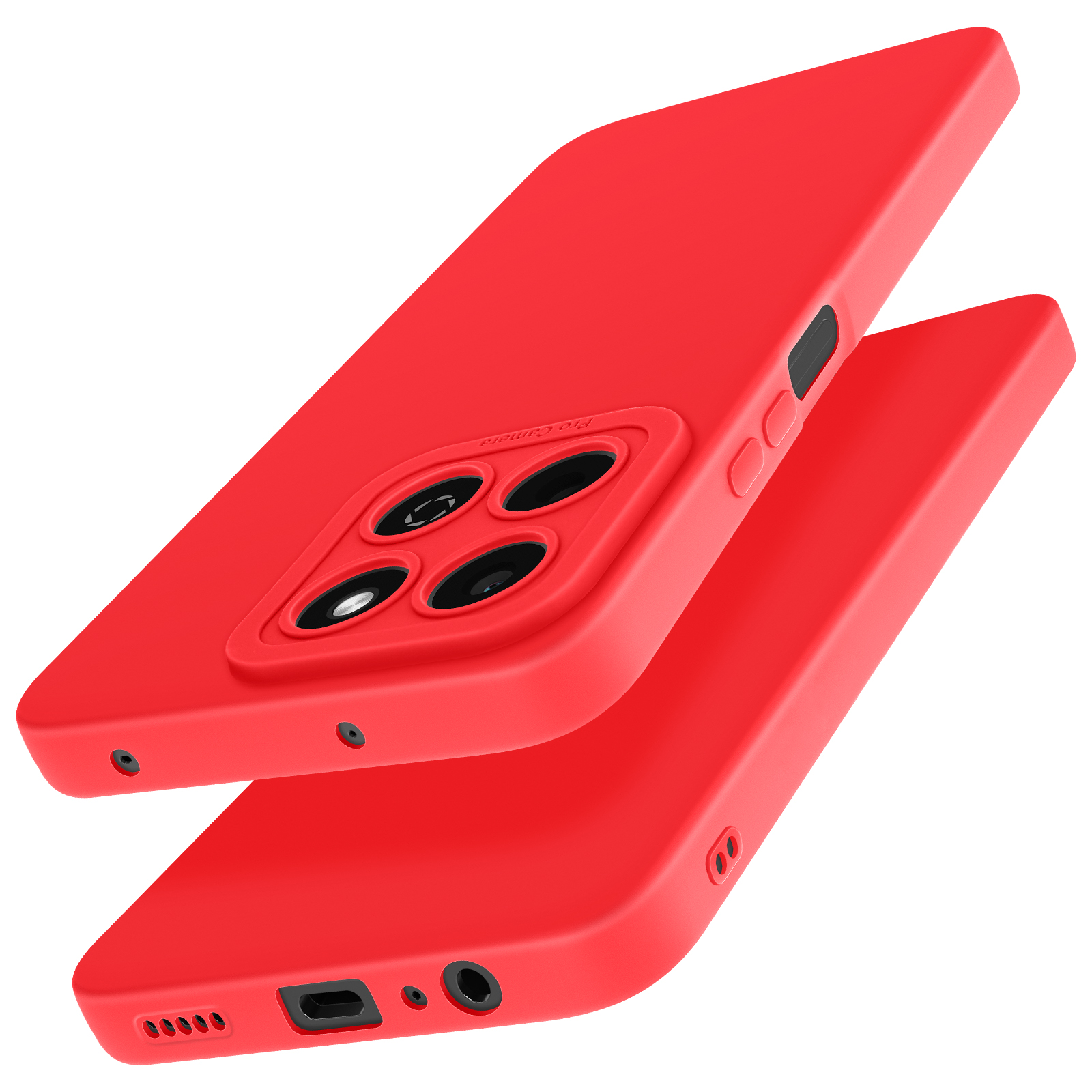 Due custodie rosse per telefono. Una sopra l'altra, che mostra la fotocamera e le porte.