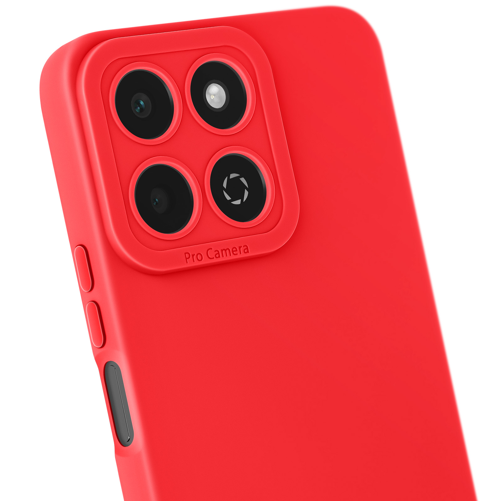 Custodia per telefono rossa con quattro lenti della fotocamera e la scritta 'Pro Camera'.