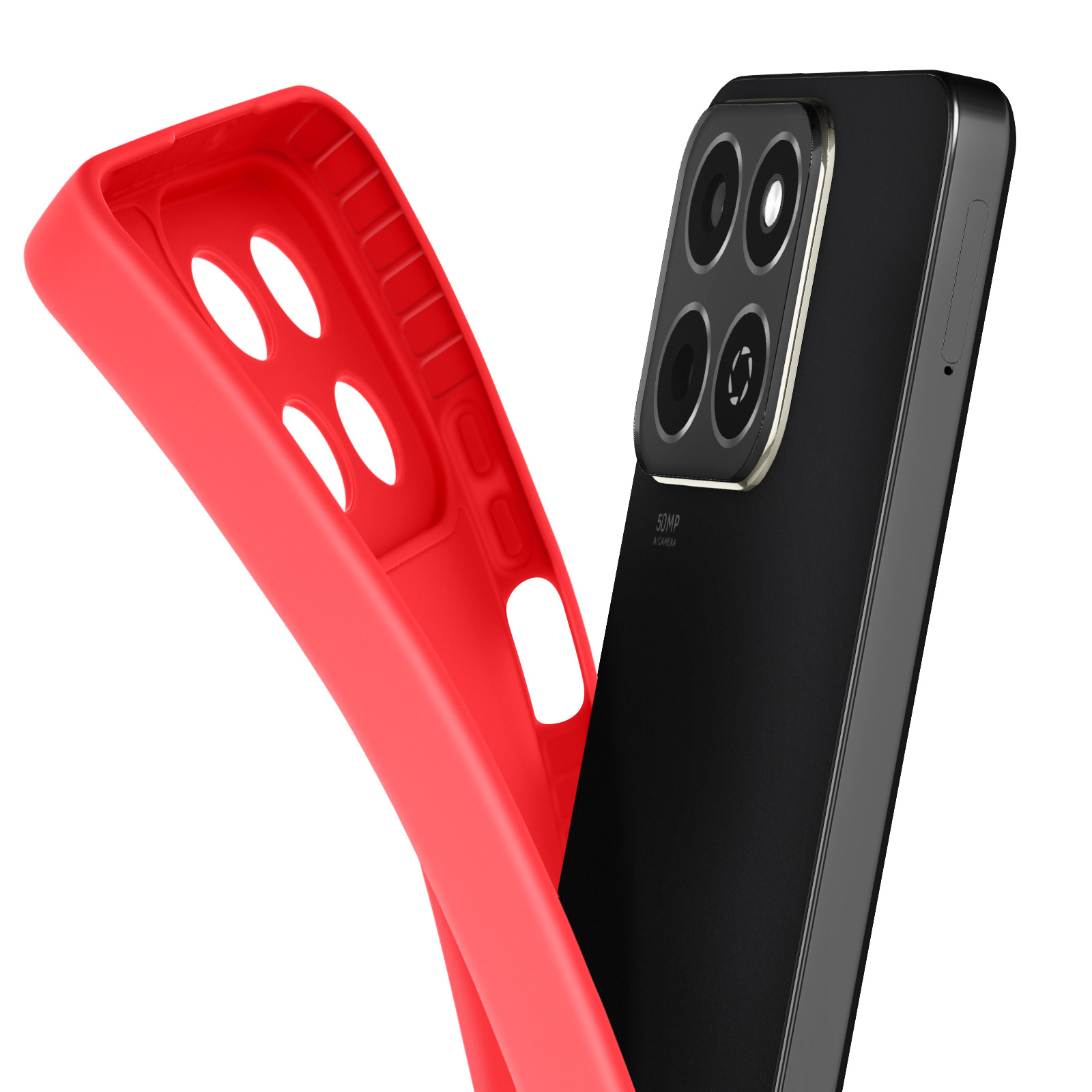 Custodia per telefono rossa con un telefono nero che mostra quattro lenti della fotocamera.