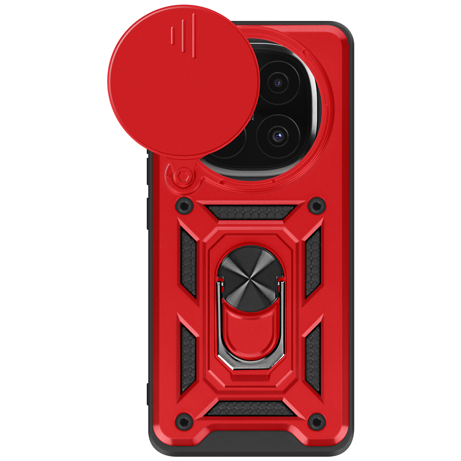 Custodia rossa con copriobiettivo aperto. Supporto ad anello visibile. Design nero e rosso.