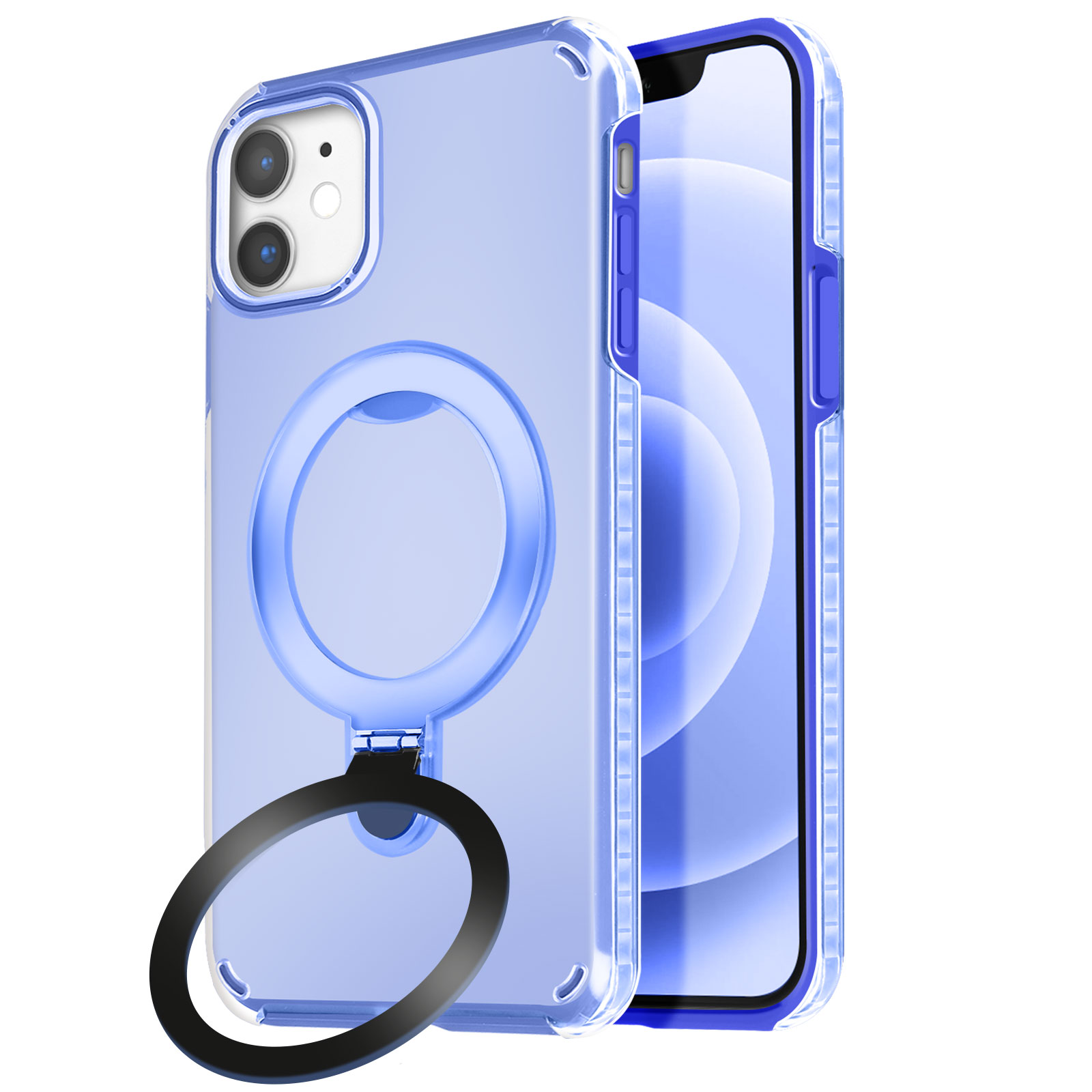 Custodia blu per telefono con supporto ad anello e telefono all'interno.
