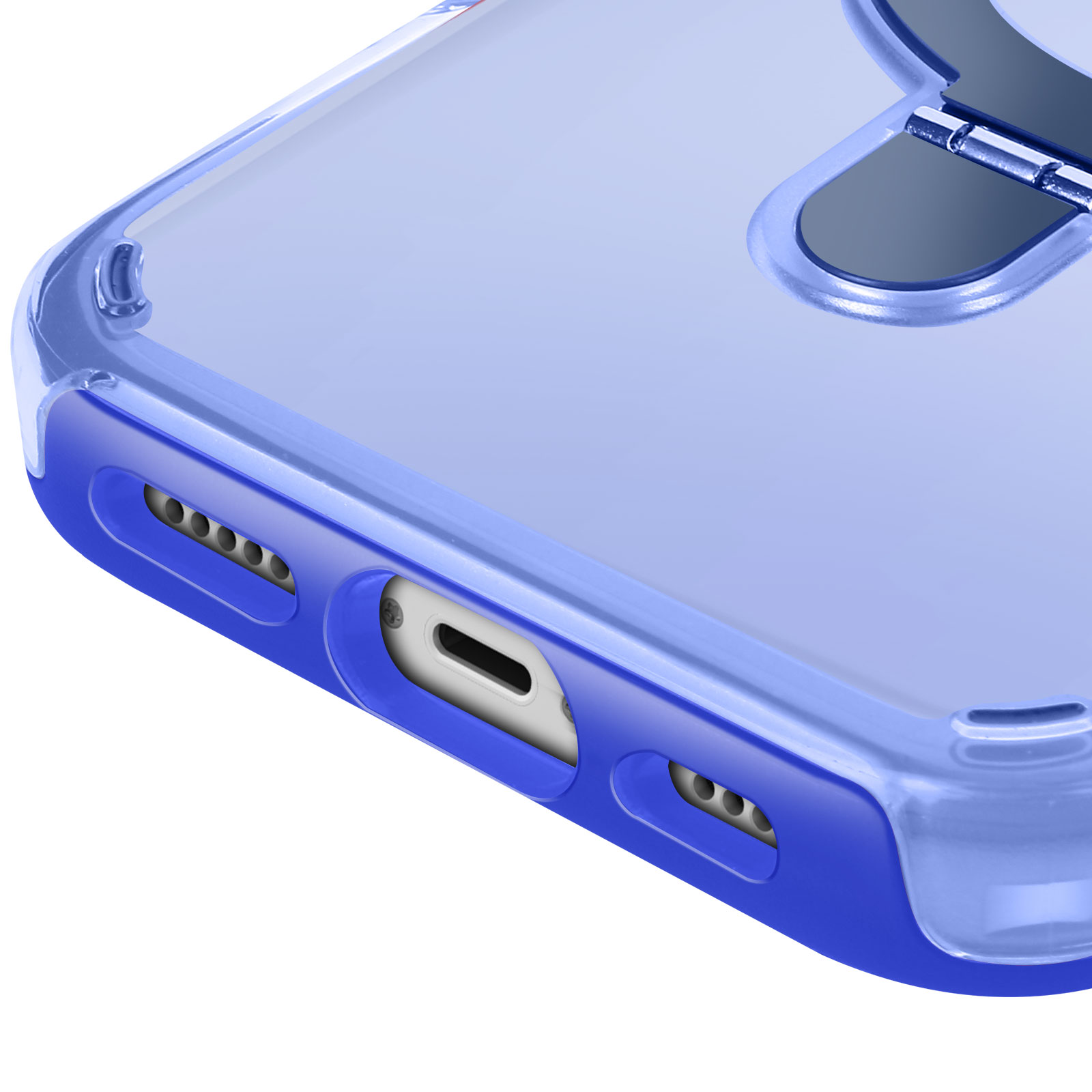 Primo piano di una custodia per telefono. Custodia blu con ritagli per le porte e fori per gli altoparlanti visibili. Porta bianca.