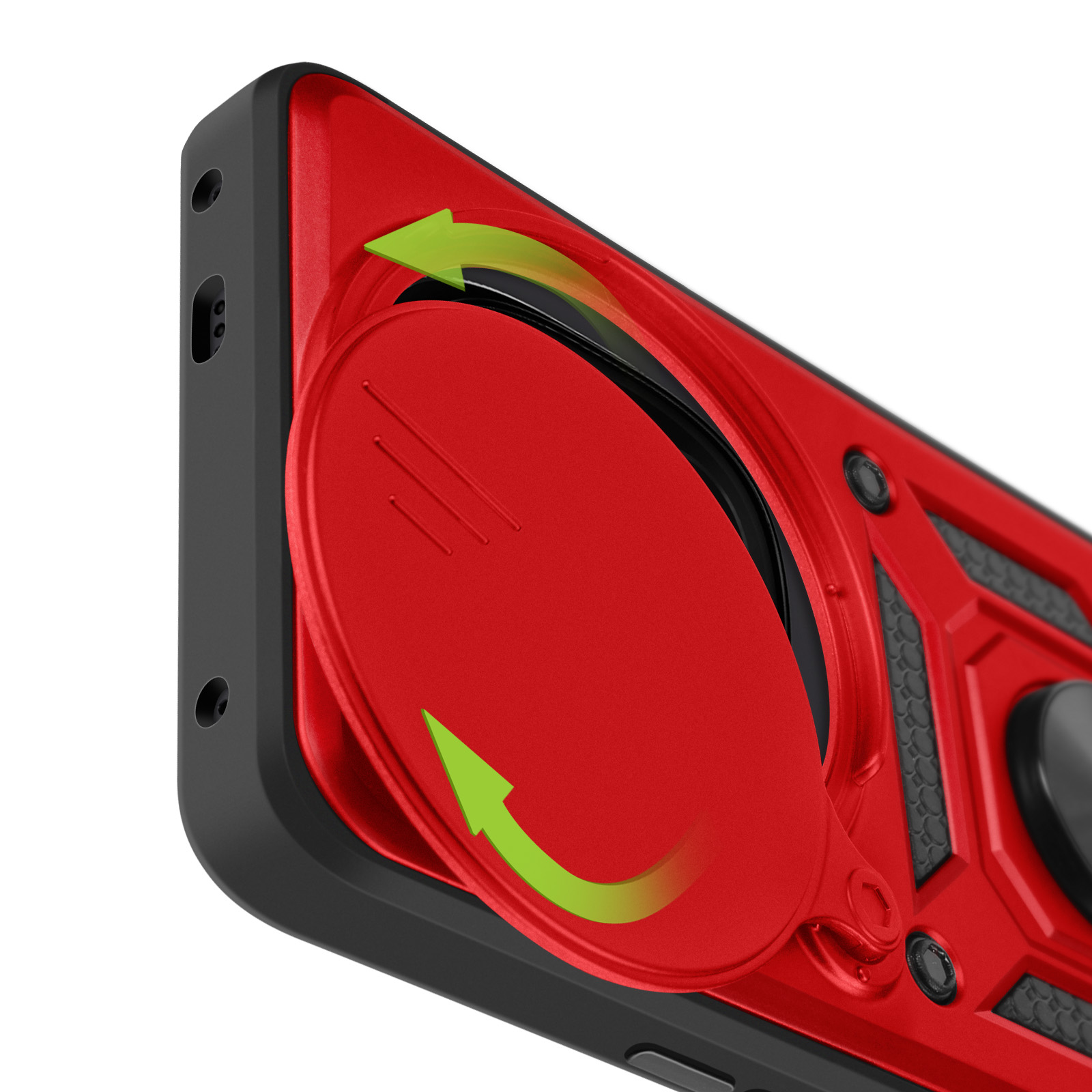 Custodia rossa con copriobiettivo. Frecce che indicano la direzione di apertura. Design esagonale.
