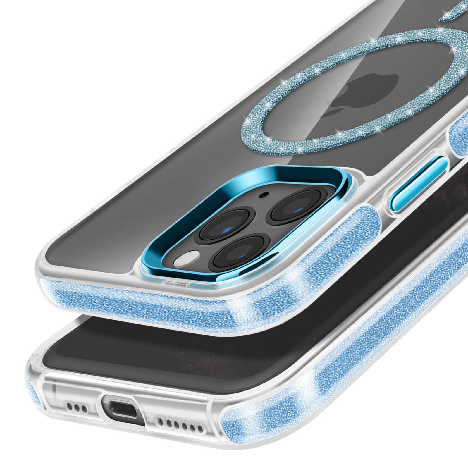 Primo piano di una custodia per telefono con strass blu e un telefono.