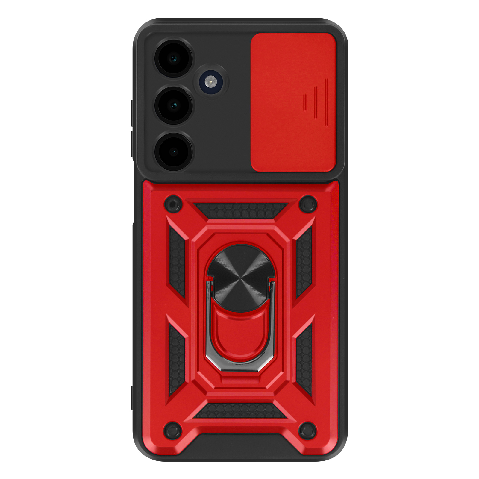 Custodia per telefono rossa e nera con anello e copertura fotocamera scorrevole.
