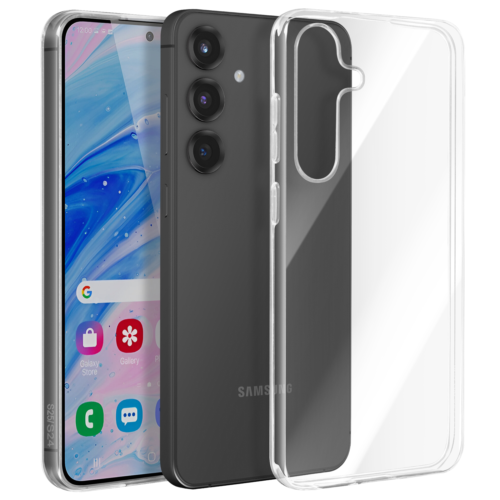 Un telefono con una custodia trasparente, con il telefono dietro e la custodia davanti.