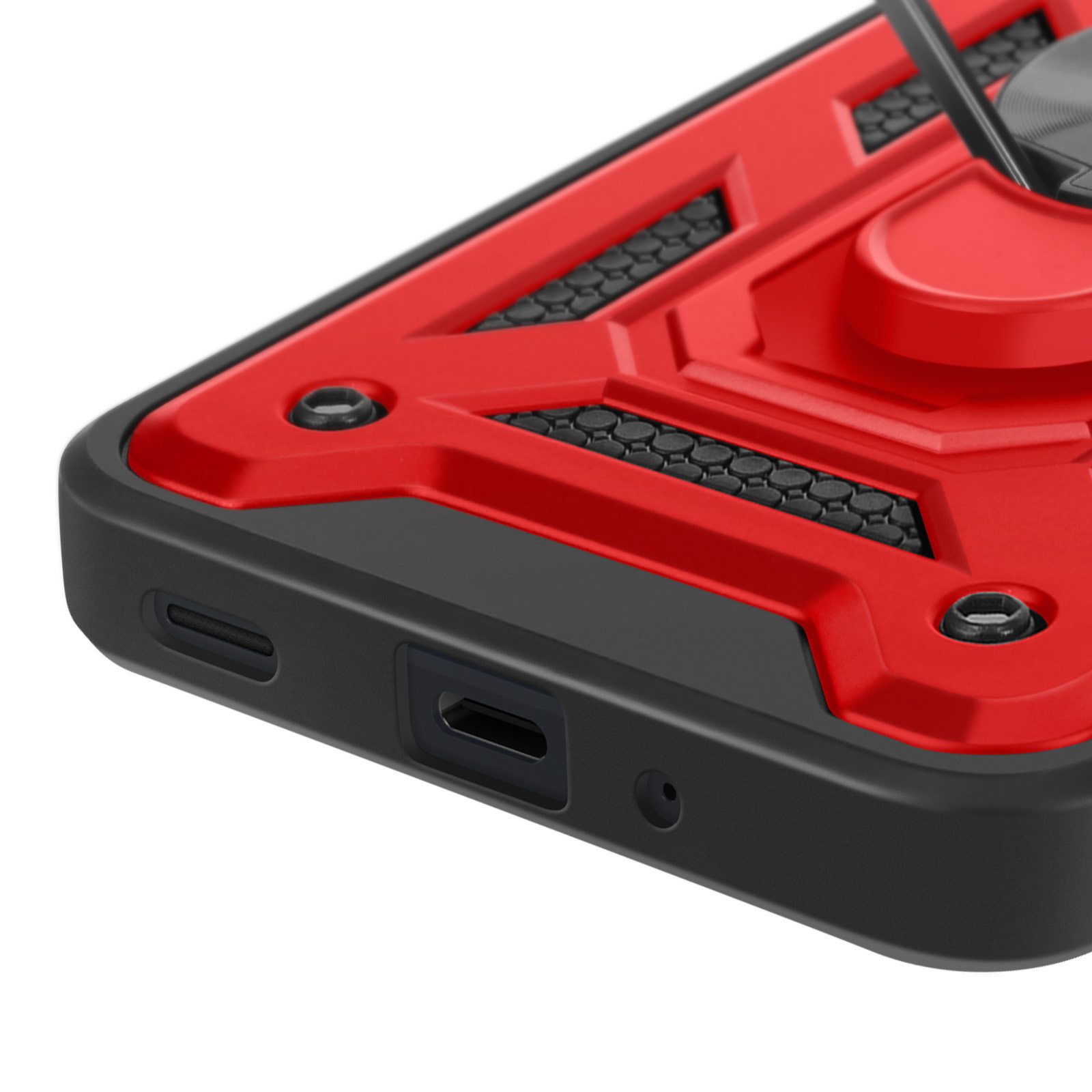 Primo piano di custodia rossa e nera con anello di supporto. Porta USB e altri dettagli sul bordo inferiore.