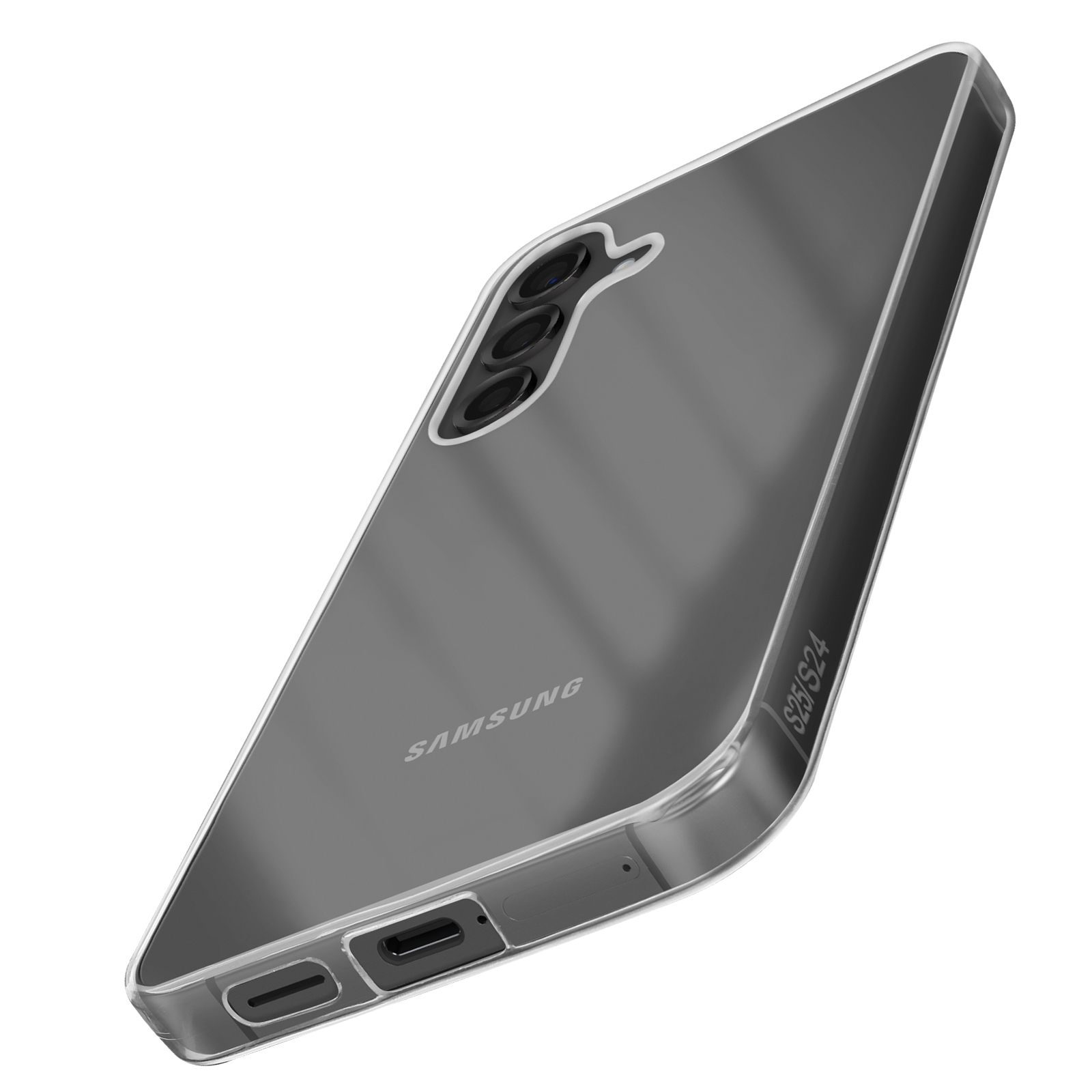 Una custodia trasparente per telefono angolata, con logo Samsung e testo S24 IS24 sul lato, sfondo bianco.