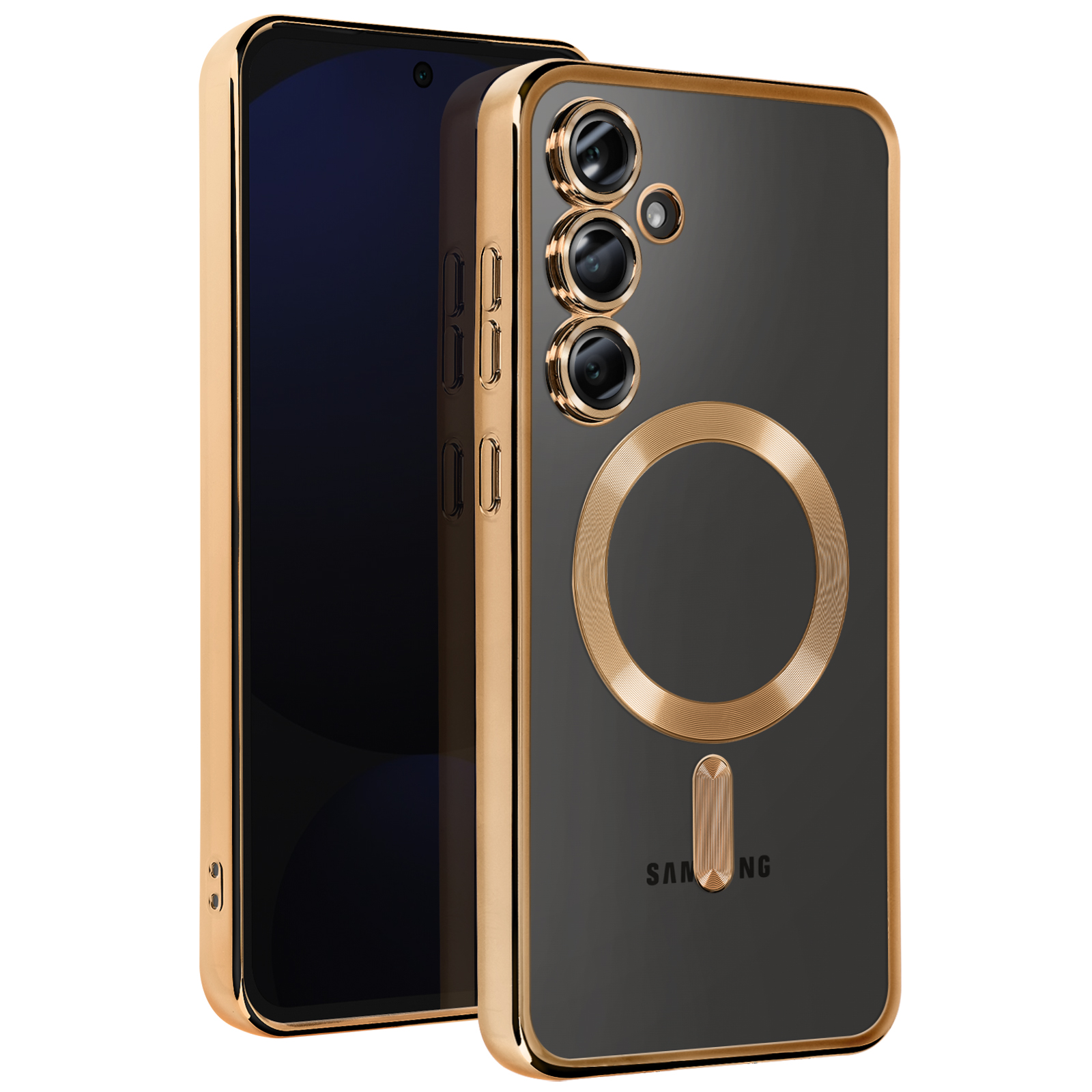 Custodia per telefono con bordi dorati e retro nero. Logo Samsung e dettaglio dell'anello sul retro, due telefoni visibili.