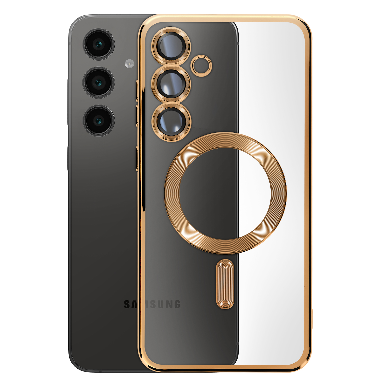 Telefono con retro nero, cornice dorata e retro bianco. Anello dorato intorno alla fotocamera.