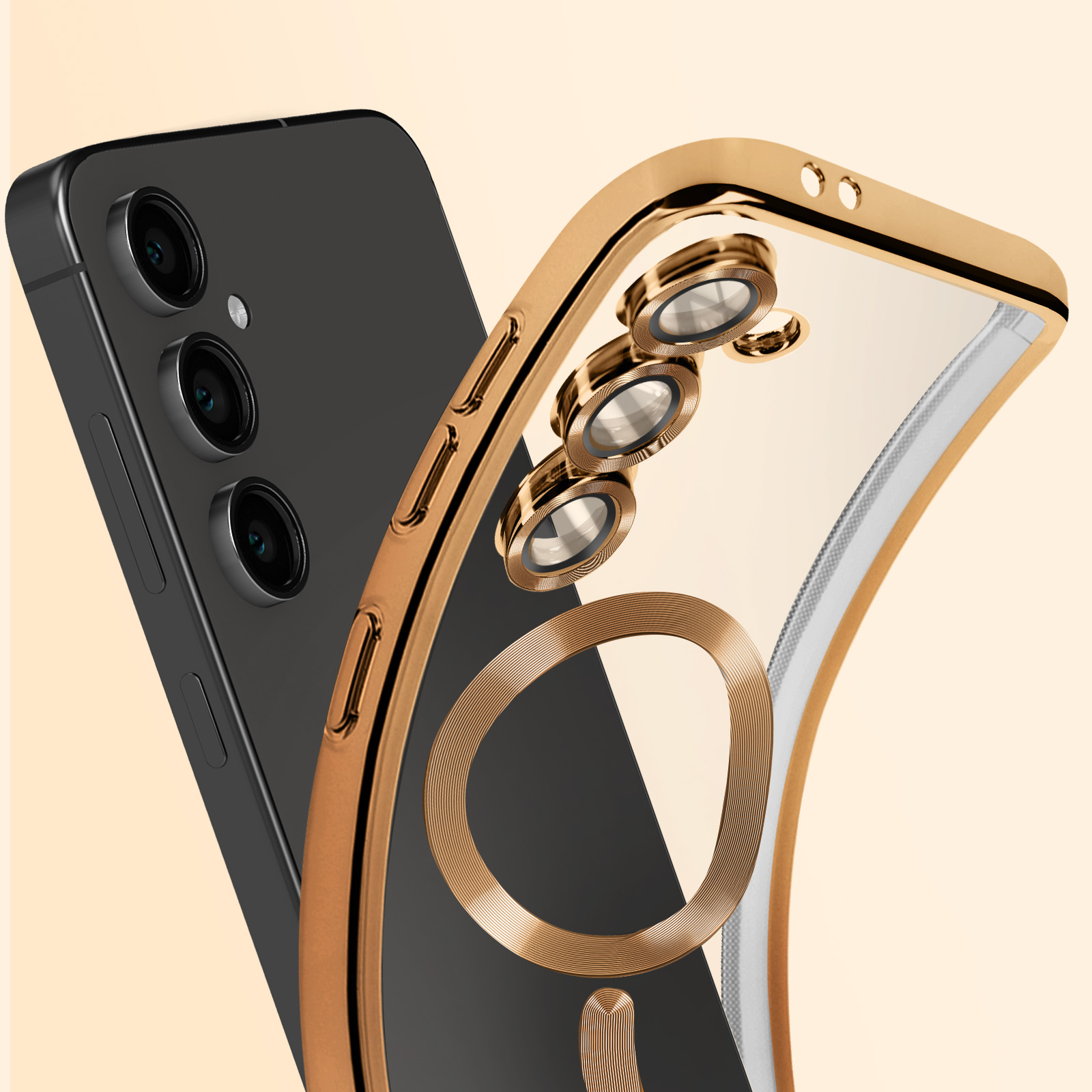 Un telefono in una custodia con bordo dorato con tre lenti della fotocamera, accanto a un telefono nero. Sfondo beige.