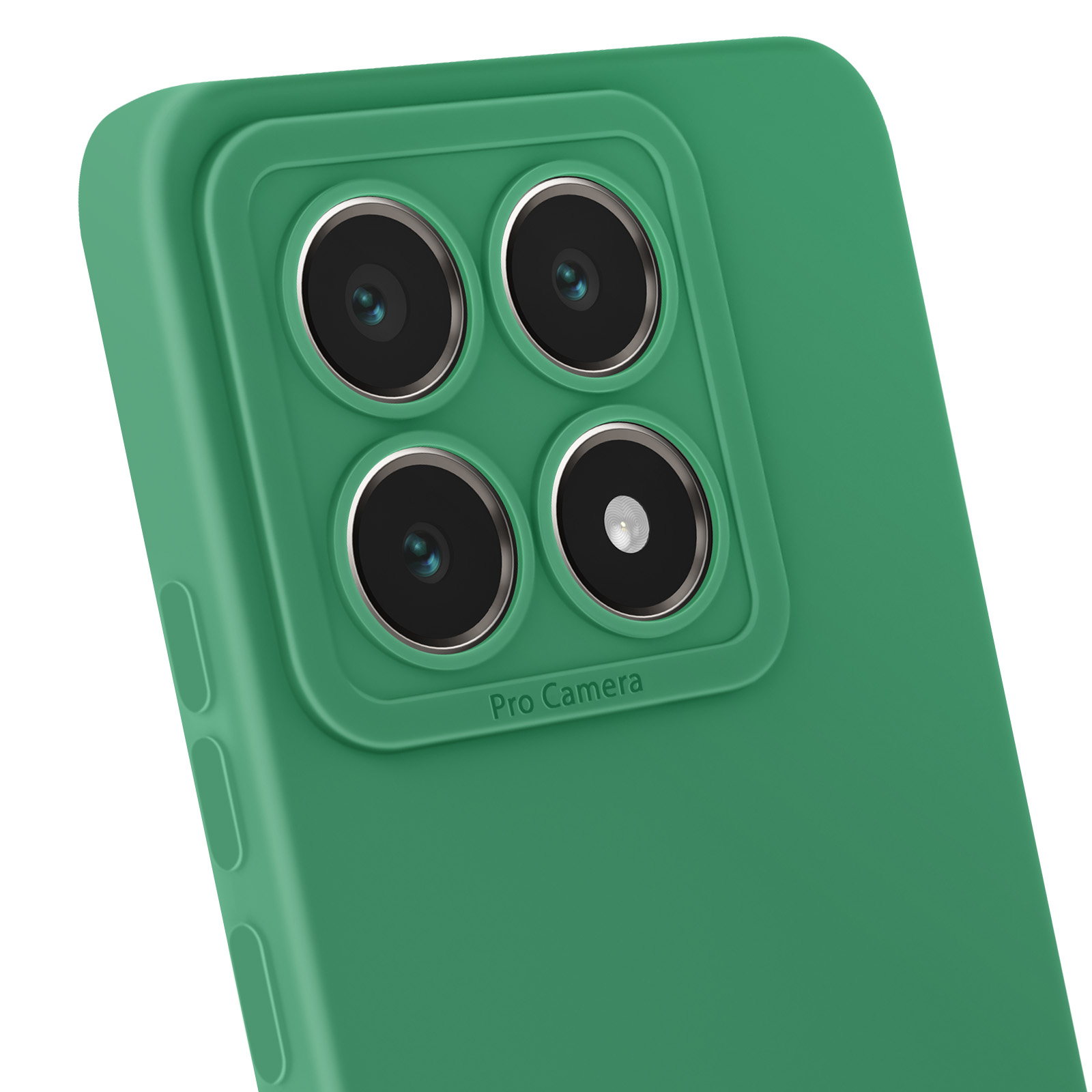 Primo piano di custodia verde per telefono con quattro lenti della fotocamera e la scritta 'Pro Camera' su sfondo verde.