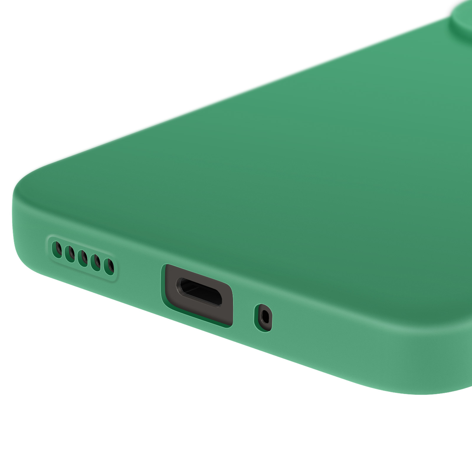 Custodia verde con porta di ricarica e fori per altoparlanti. Sfondo bianco.