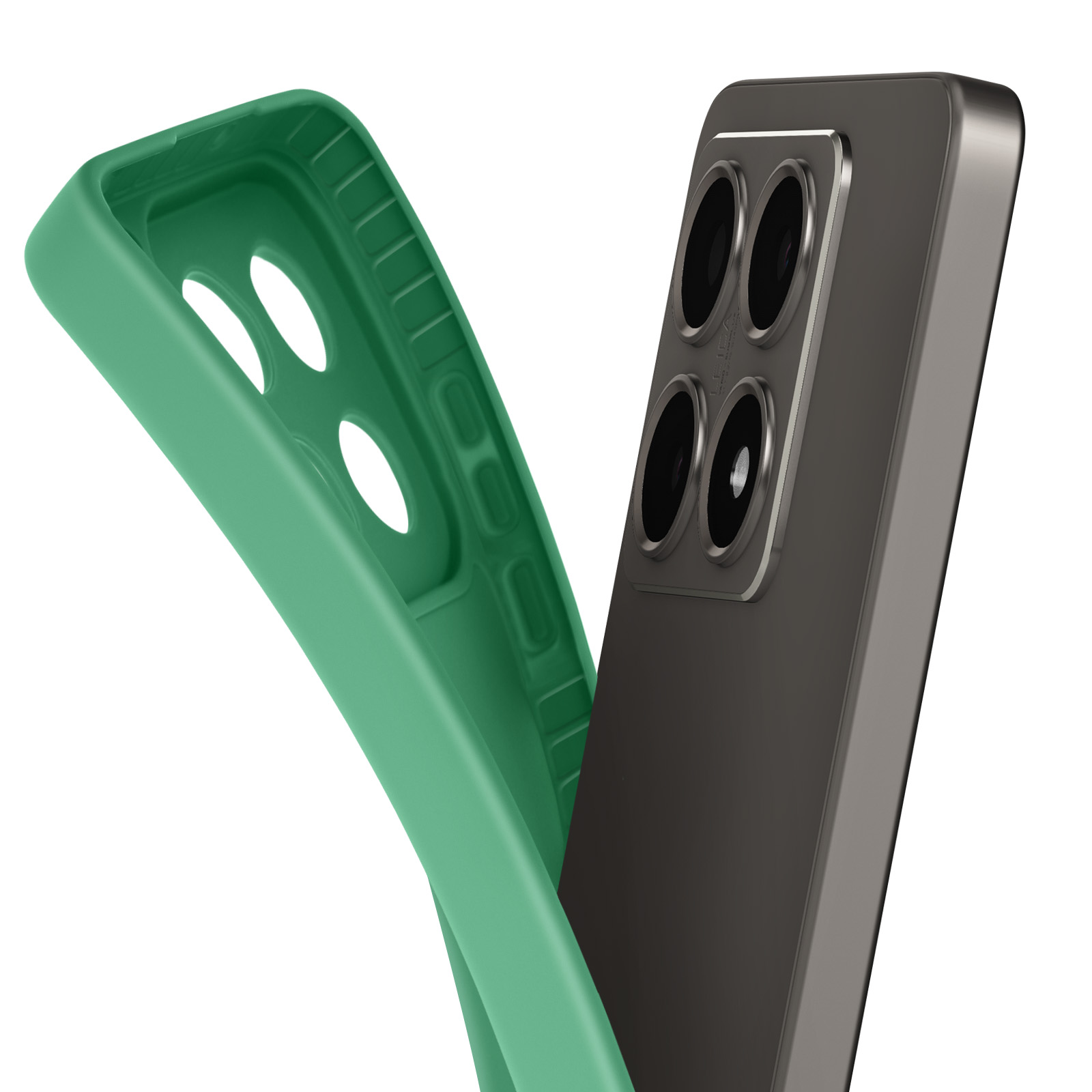 Custodia verde e un telefono. Il telefono ha fotocamere. Sfondo bianco.