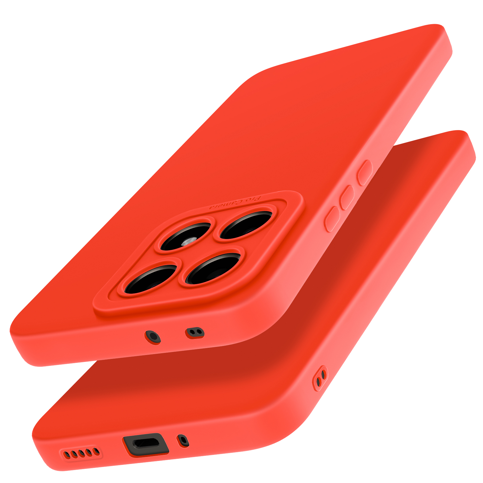 Due custodie rosse per telefono impilate. Ogni custodia ha ritagli per la fotocamera ed è angolata per mostrare una vista dal basso.