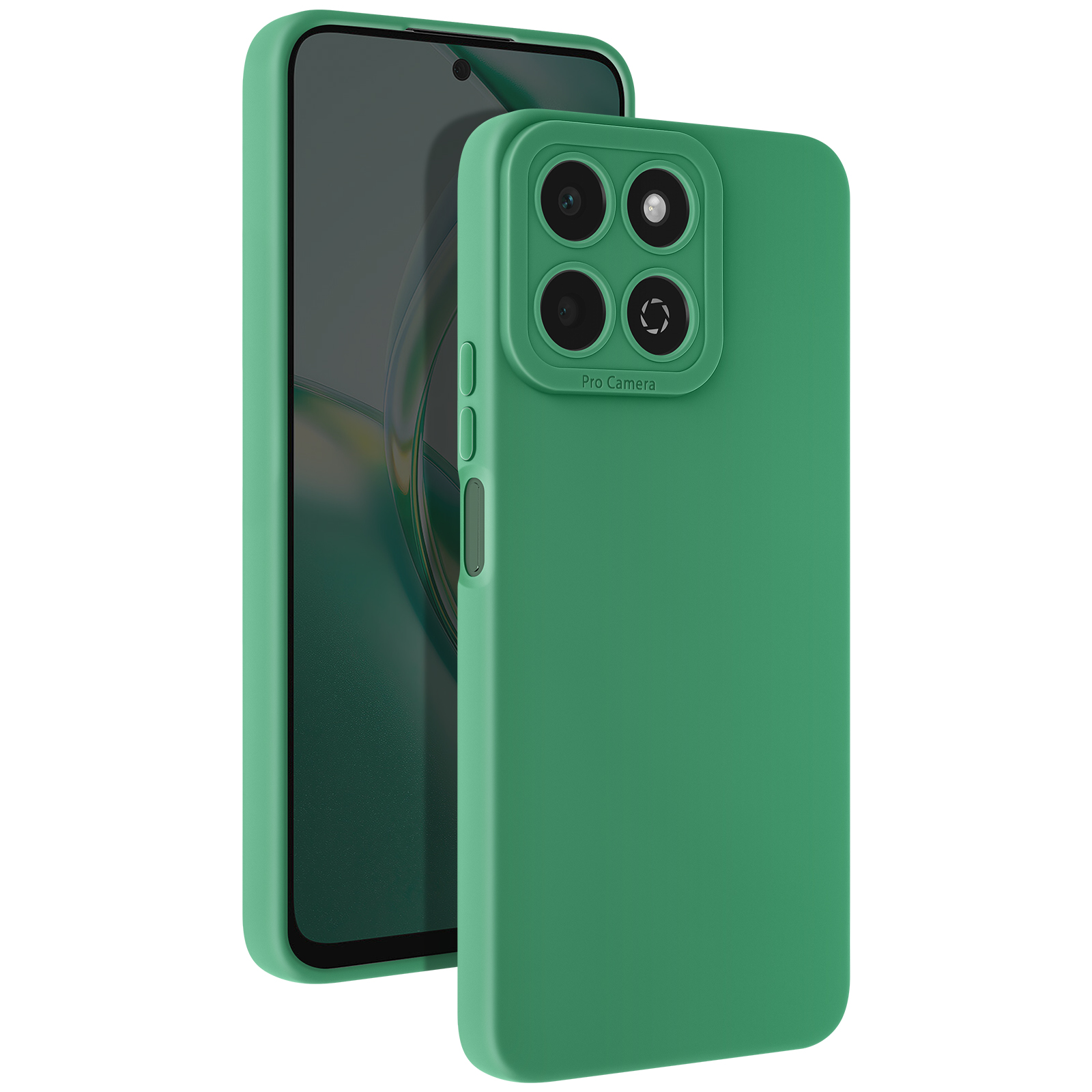 Custodia verde con un telefono dentro. La custodia ha quattro lenti e è aperta. Sfondo bianco.