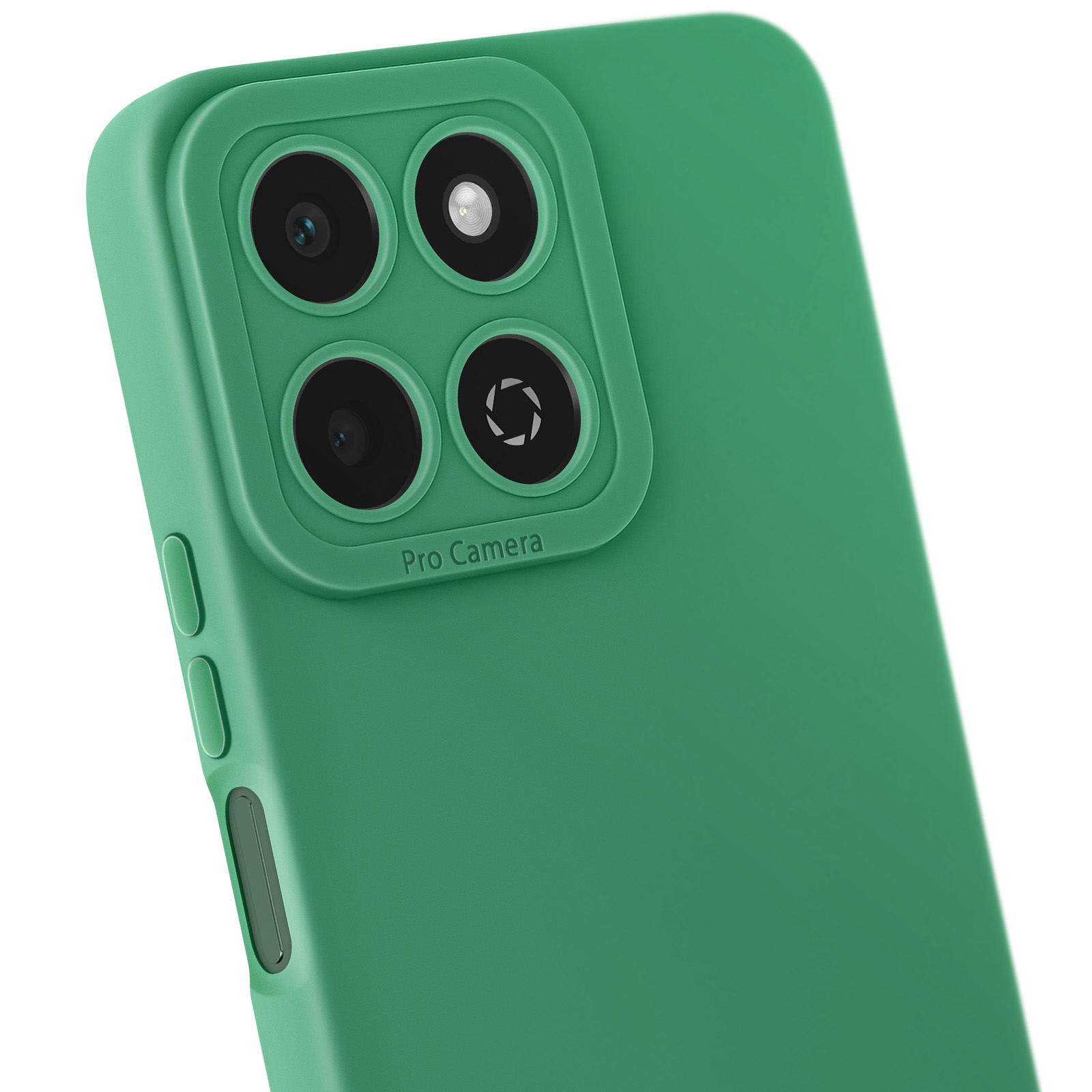 Custodia verde con quattro fori per fotocamera. Scritto 'Pro Camera'.