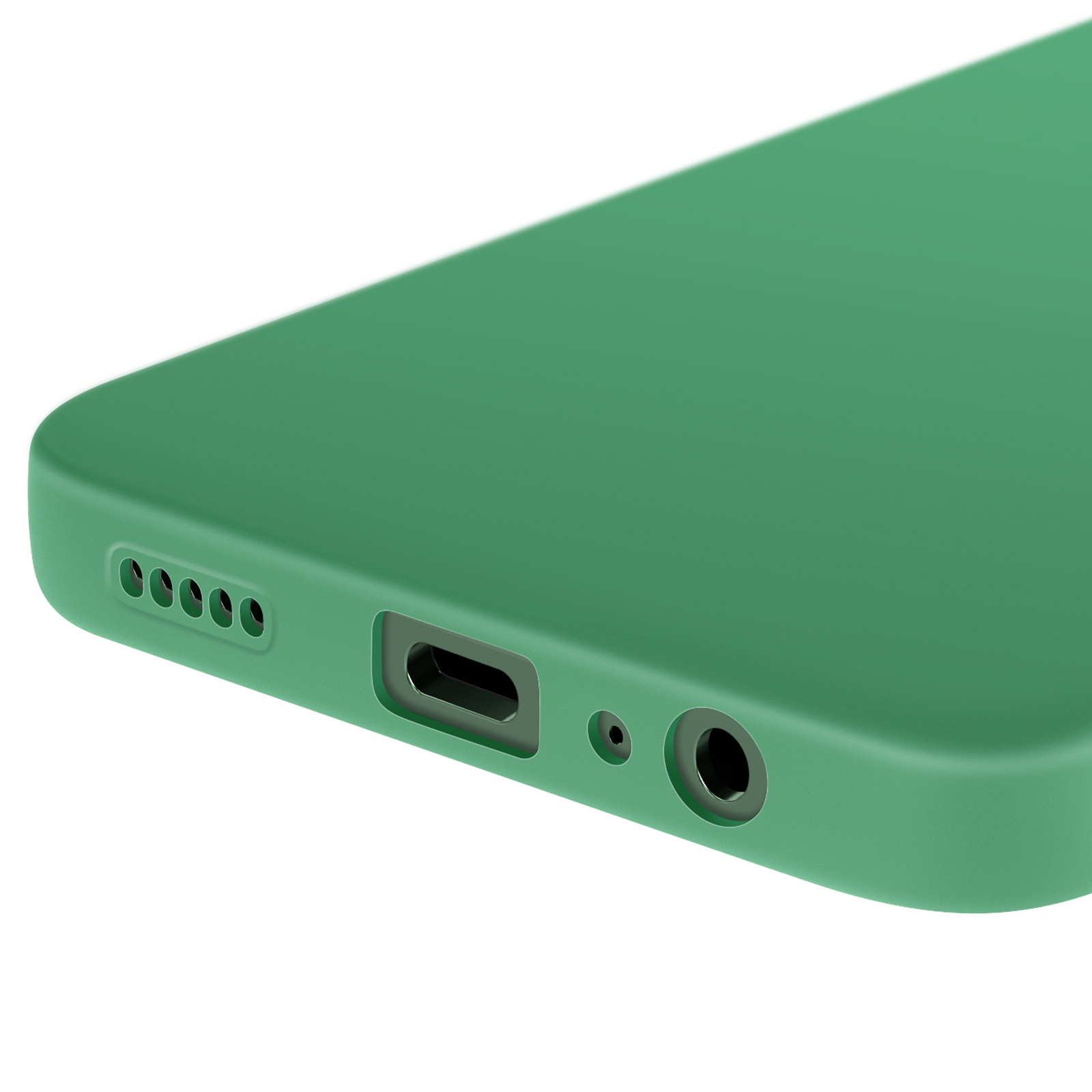 Primo piano del bordo inferiore di un telefono verde, che mostra fori per altoparlanti, porta di ricarica e jack.