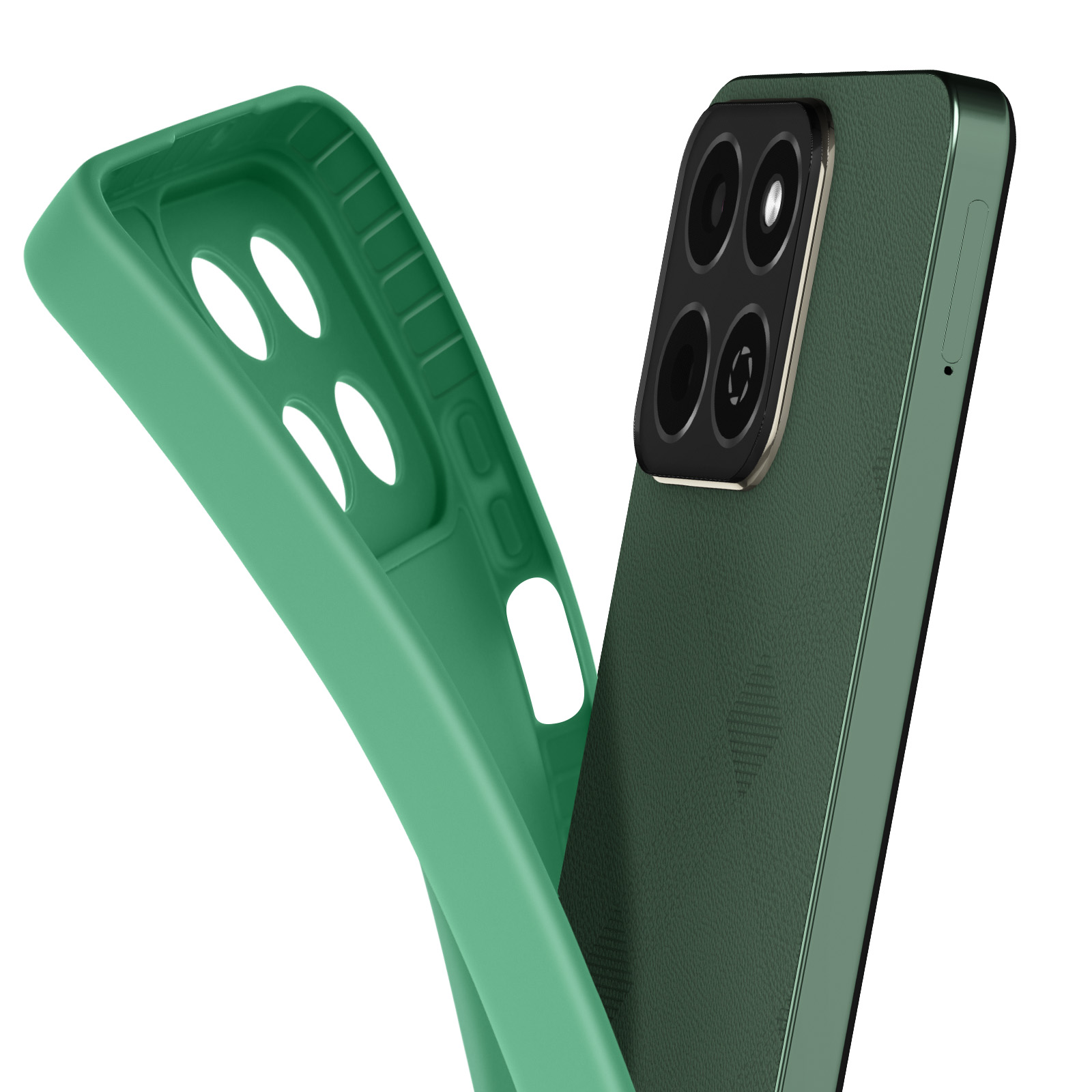 Custodia per telefono verde e telefono. La custodia è vuota. Il telefono ha un retro verde scuro.