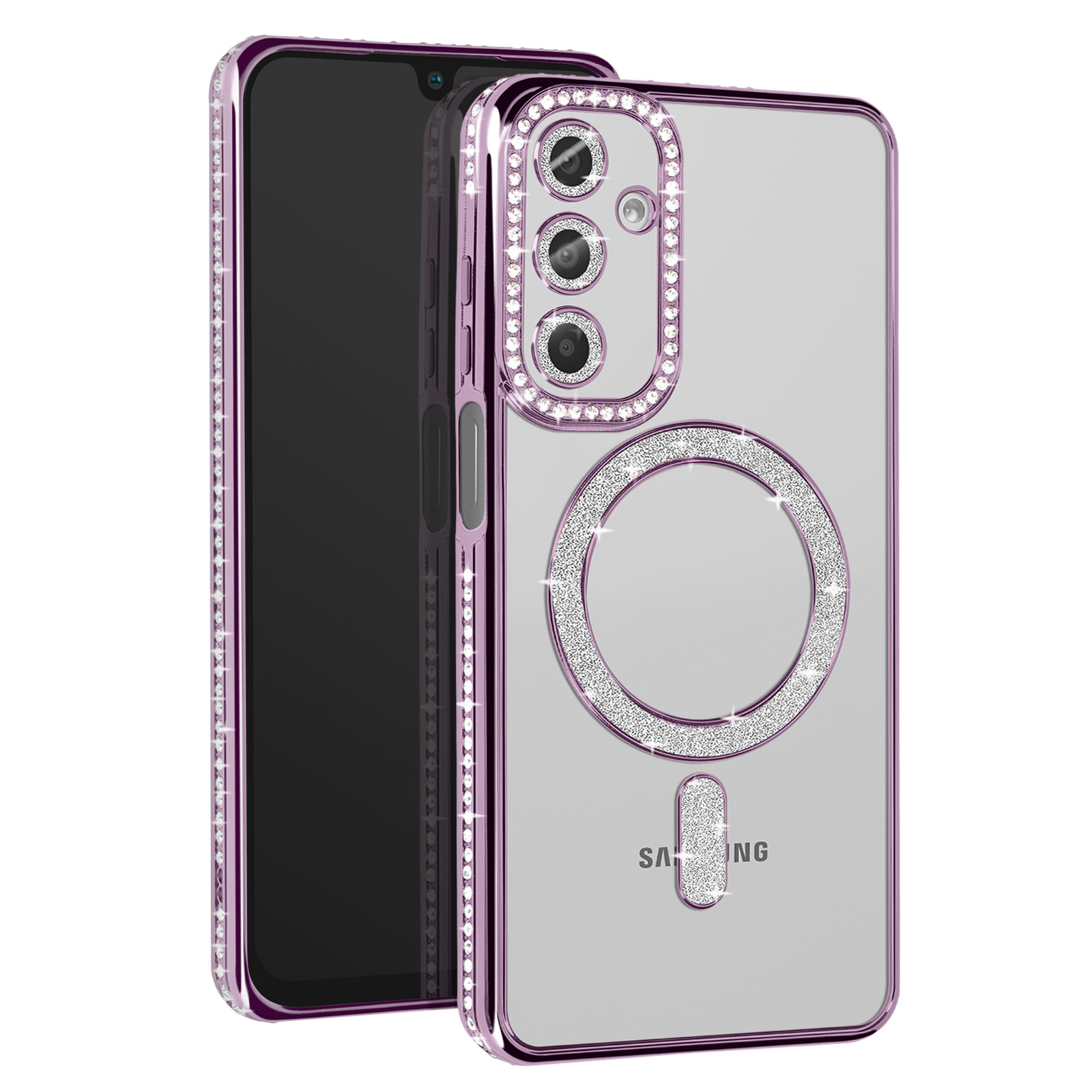 Una custodia trasparente per telefono con strass viola e un anello. Copre un telefono. Lo sfondo è bianco.
