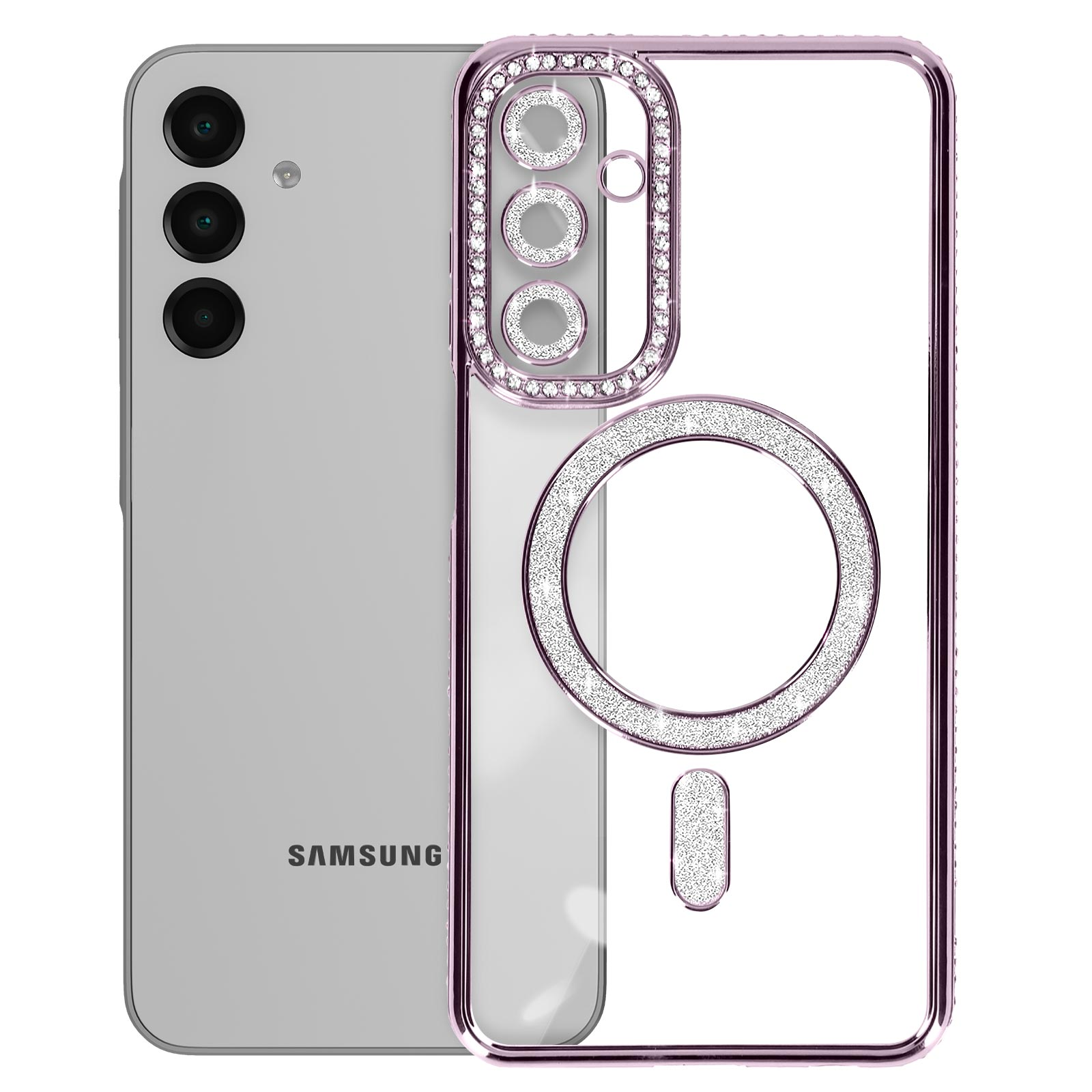 Custodia trasparente con bordo rosa e cristalli incastonati, un telefono Samsung dietro.