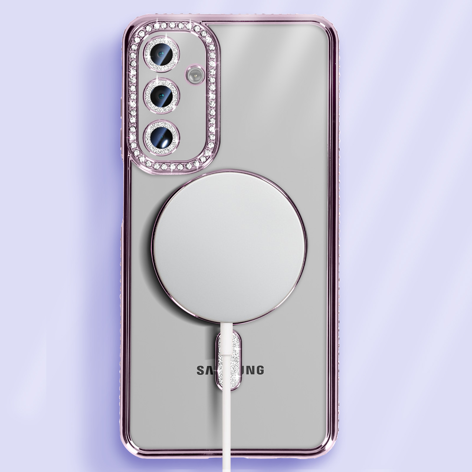 Custodia per telefono con strass e un cerchio di ricarica bianco. Lo sfondo è un rosa tenue.