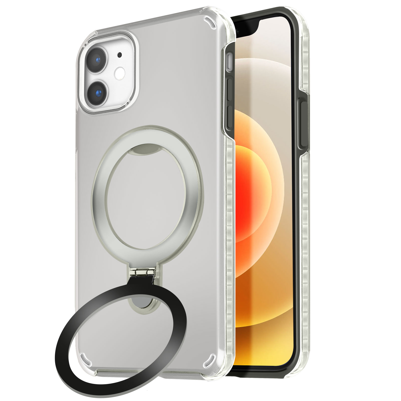 Custodia trasparente con anello portacellulare argentato, con un iPhone visibile all'interno.