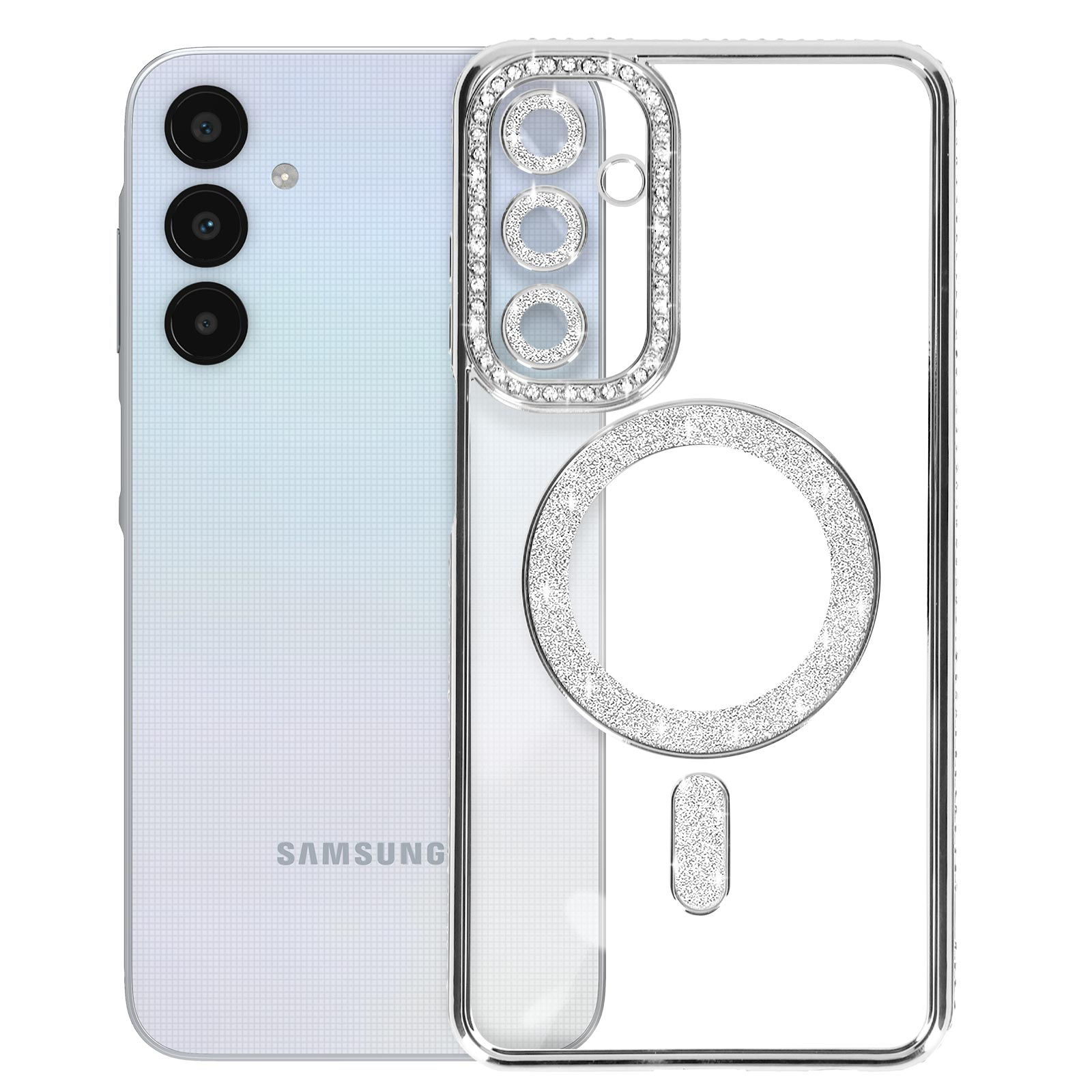 Custodia trasparente con cristalli, un telefono Samsung dietro.