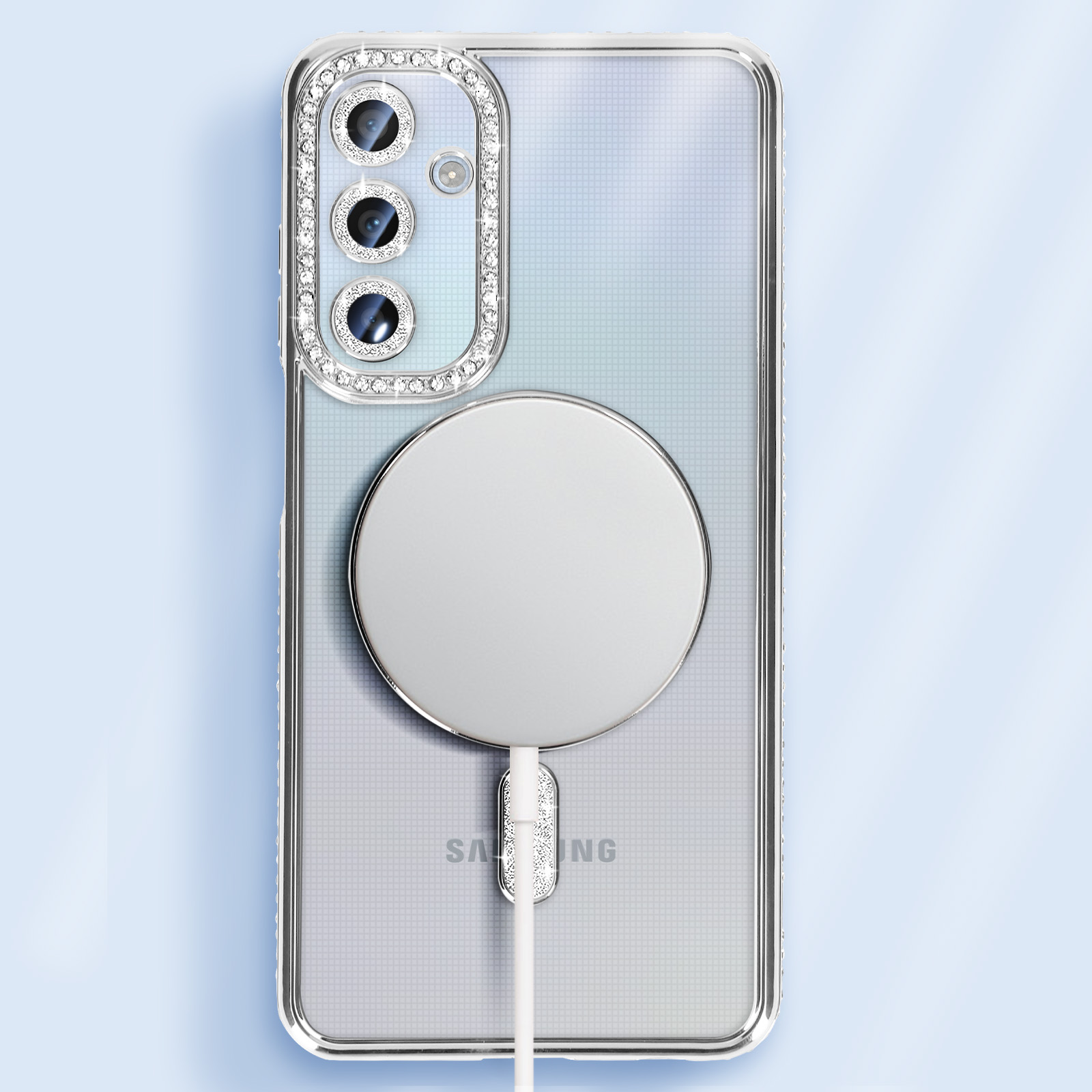 Custodia trasparente per telefono con bordo di gemme. Cerchio e cavo argentati. Marchio Samsung.