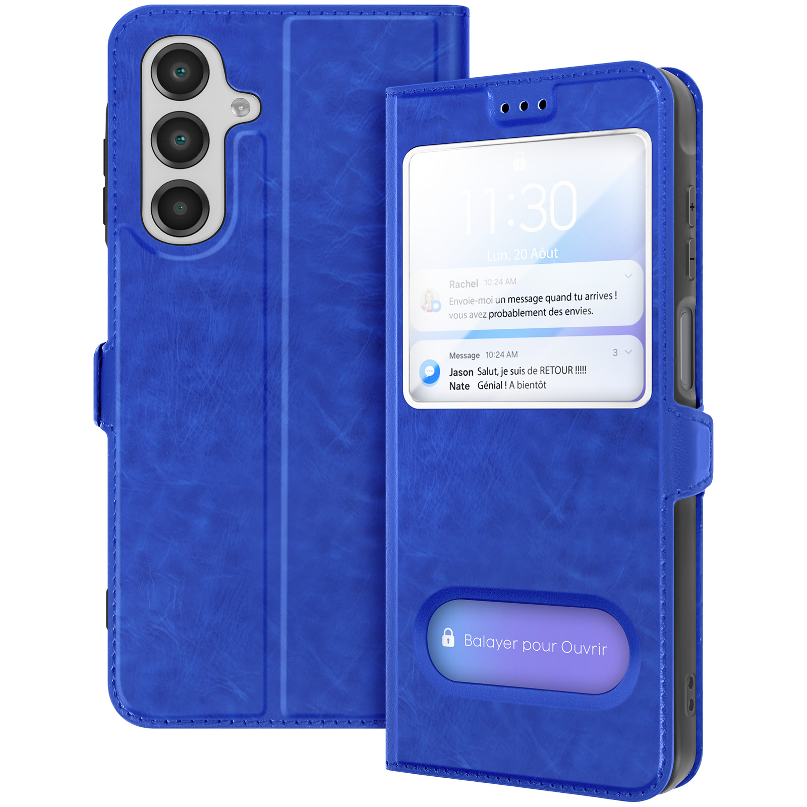 Custodia blu per telefono aperta per mostrare lo schermo del telefono con le notifiche. Aspetto pelle blu.