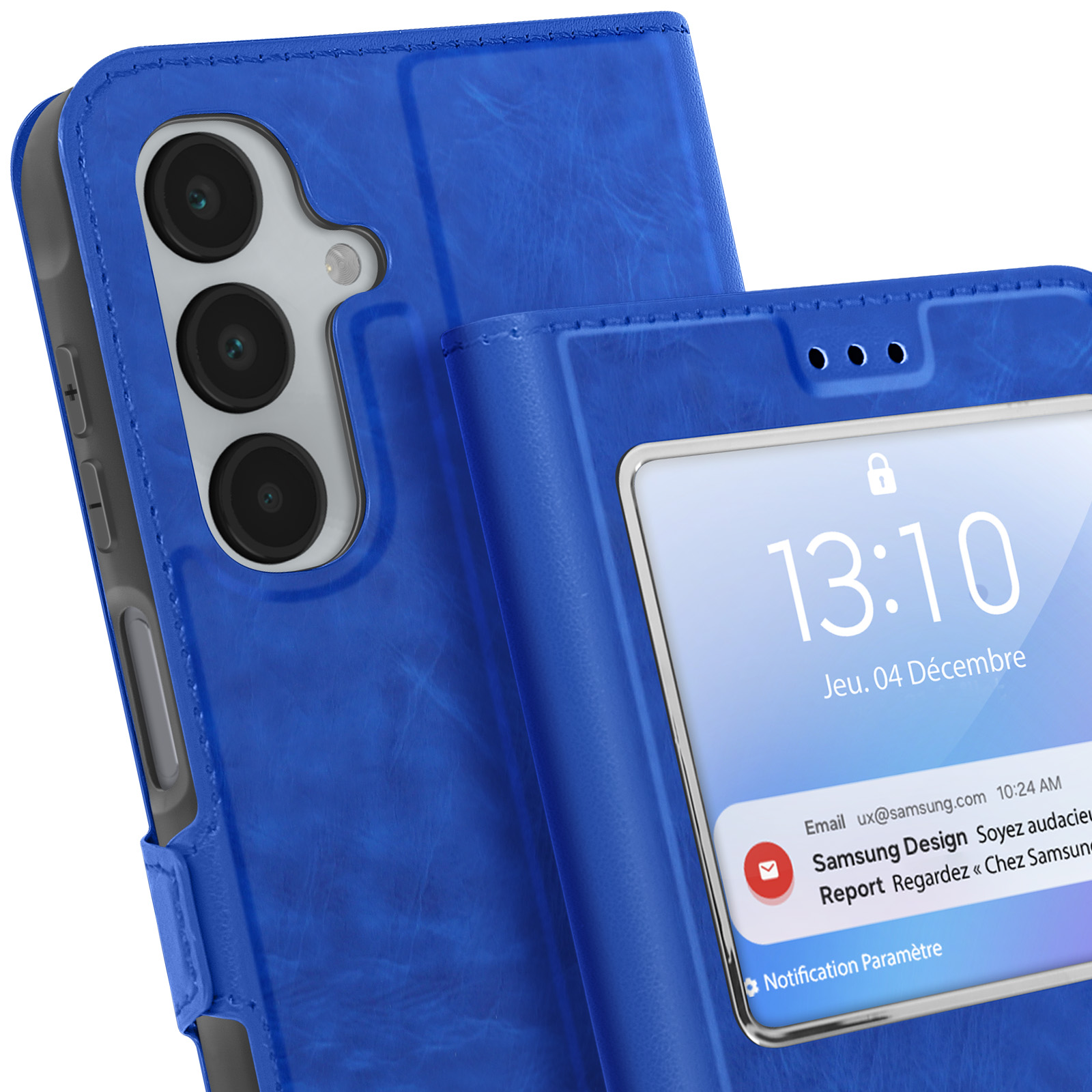 Custodia blu per telefono che mostra lo schermo del telefono. Visualizzazione di data e ora. Notifiche.