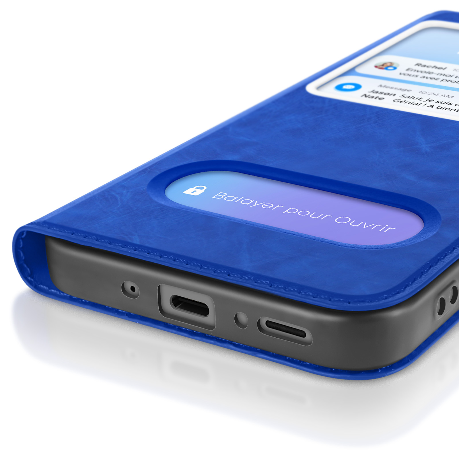 Custodia blu per telefono che mostra la porta di ricarica. Materiale blu simile alla pelle.