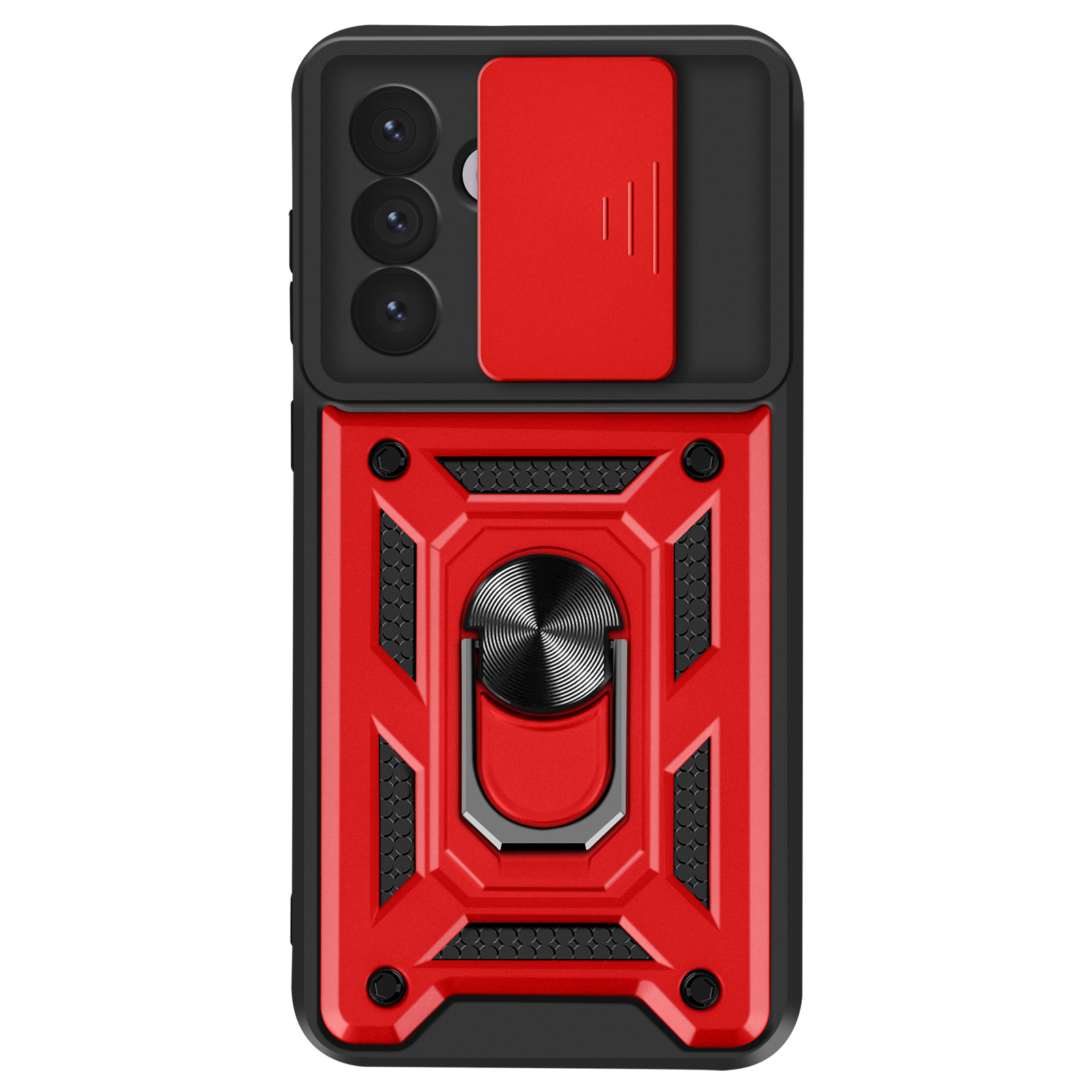 Custodia per telefono rossa e nera con portanello. Copertura fotocamera. Design robusto.
