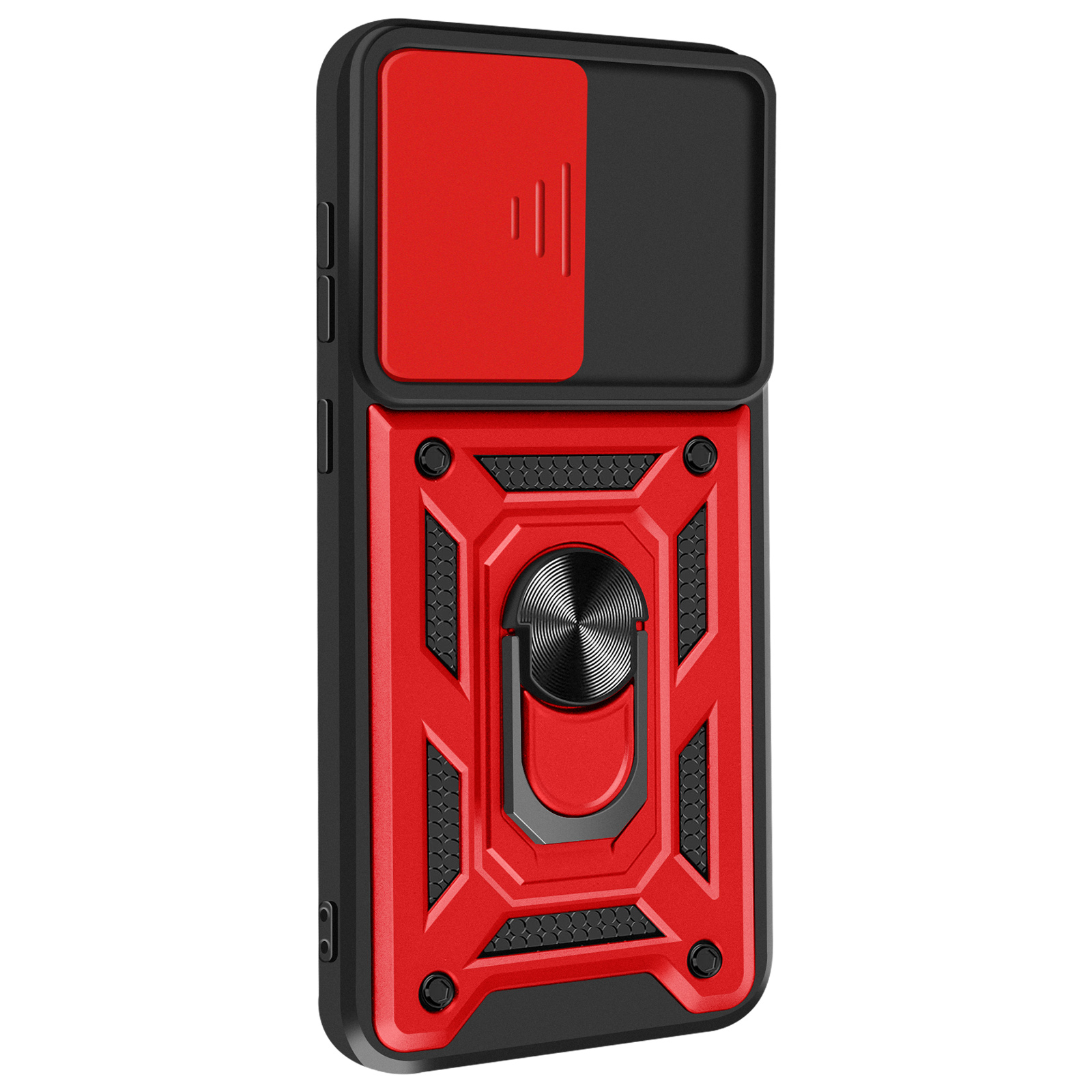Custodia per telefono rossa e nera. Portanello. Copertura scorrevole per fotocamera. Design robusto.