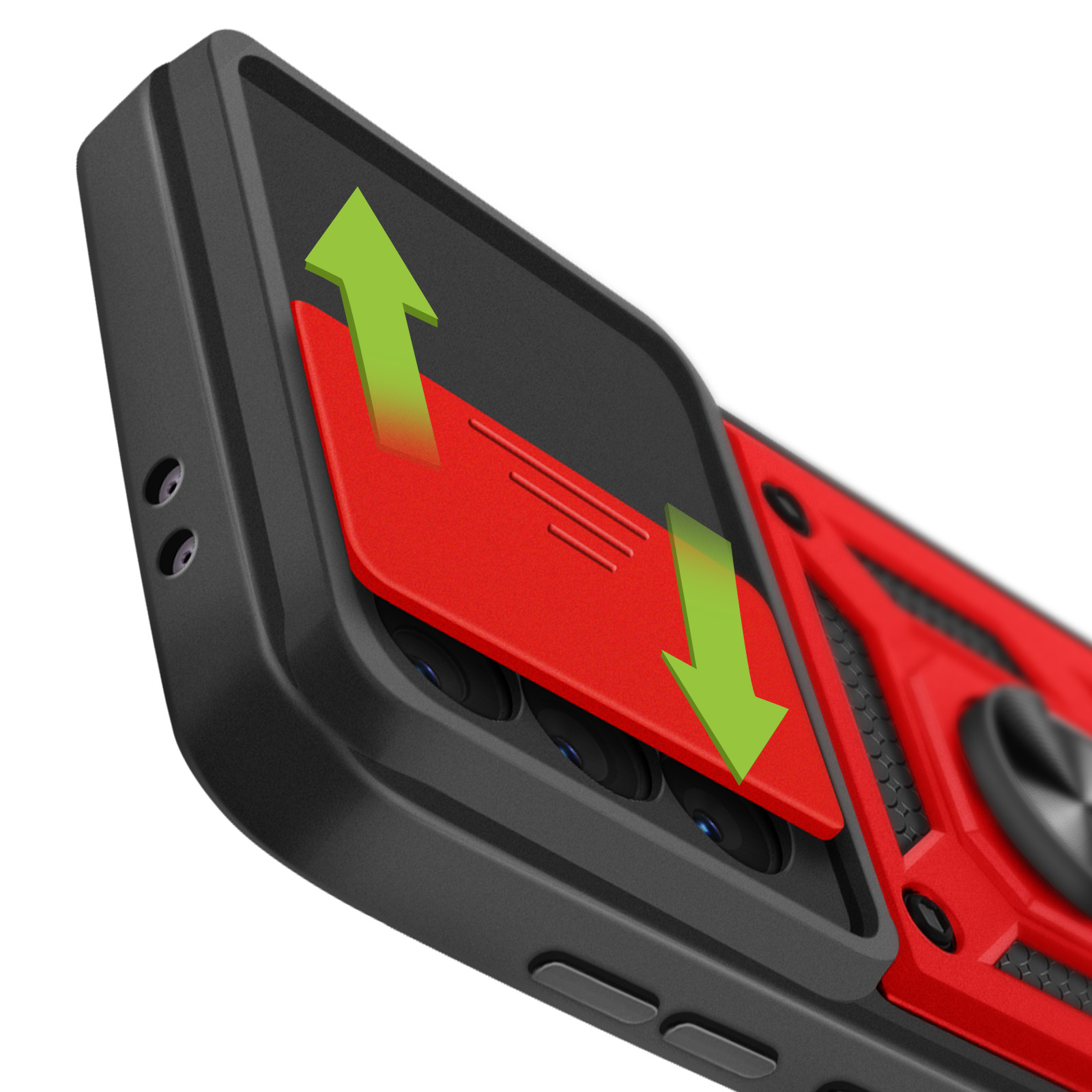 Custodia per telefono nera e rossa con frecce. Rettangolo rosso scorre.