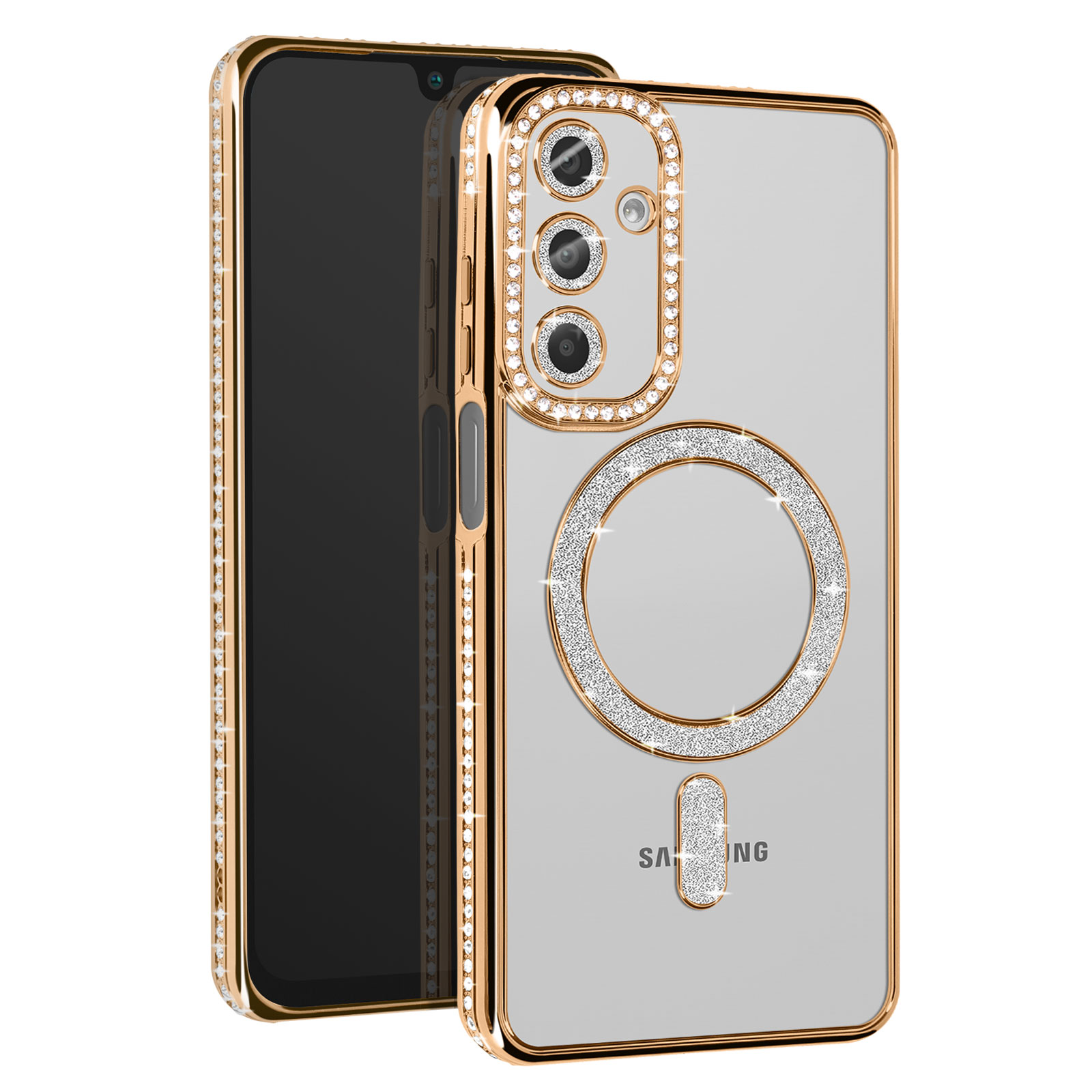 Custodia per telefono con cornice dorata e gemme. Retro trasparente. Design circolare con gemme. Logo Samsung.