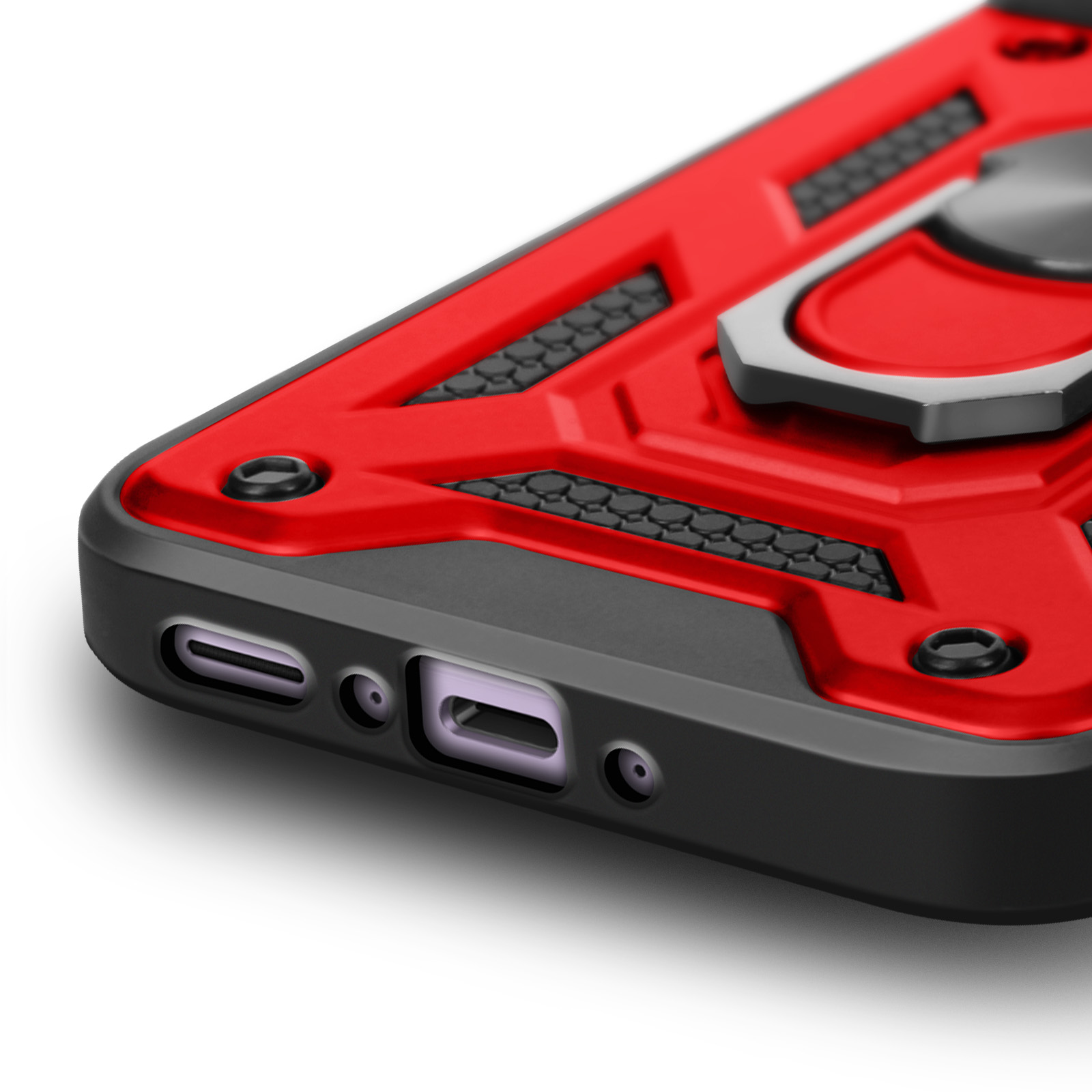 Primo piano della custodia del telefono. Design rosso e nero. Dettaglio della porta e del portanello.