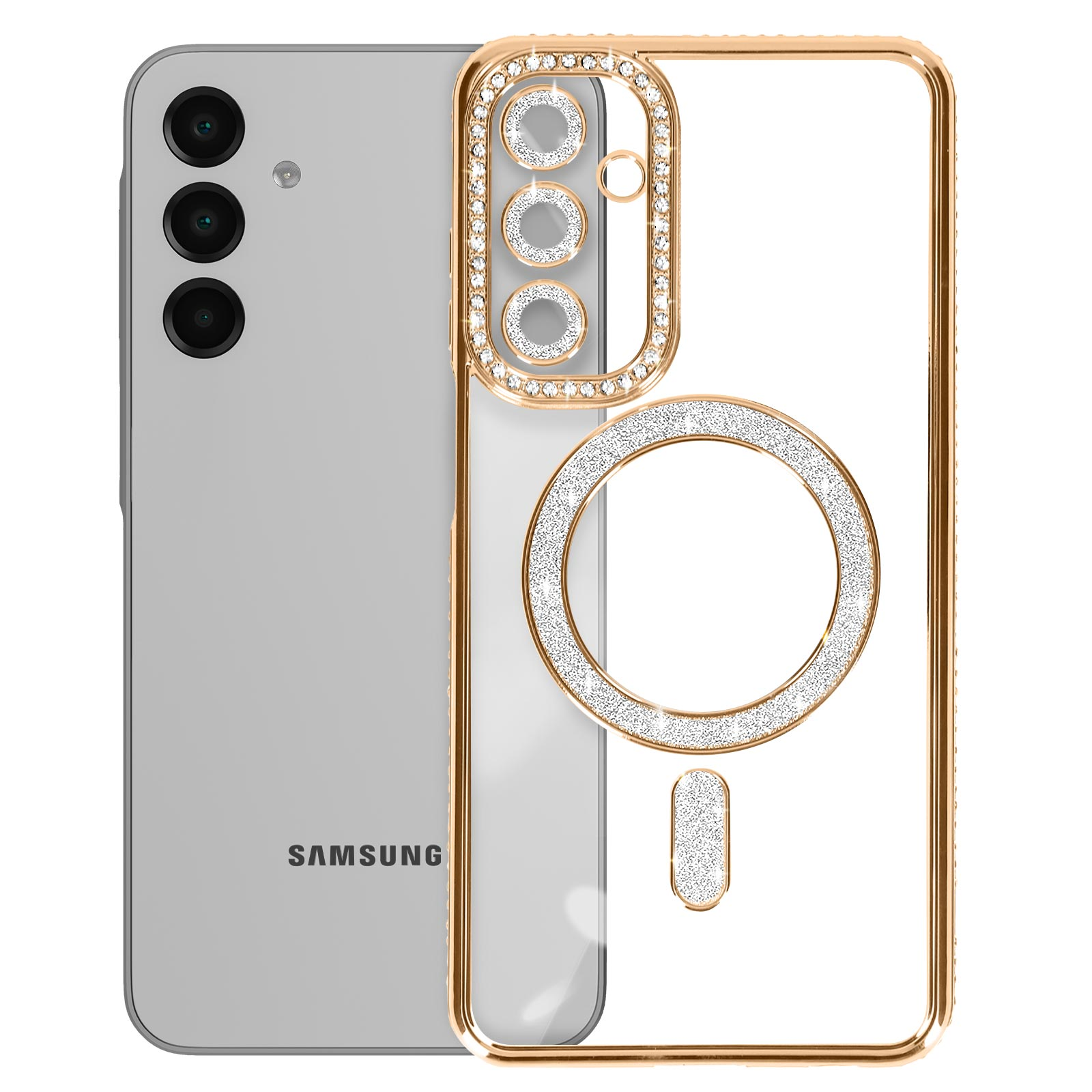 Custodia dorata con strass. Telefono a sinistra con tre fotocamere.