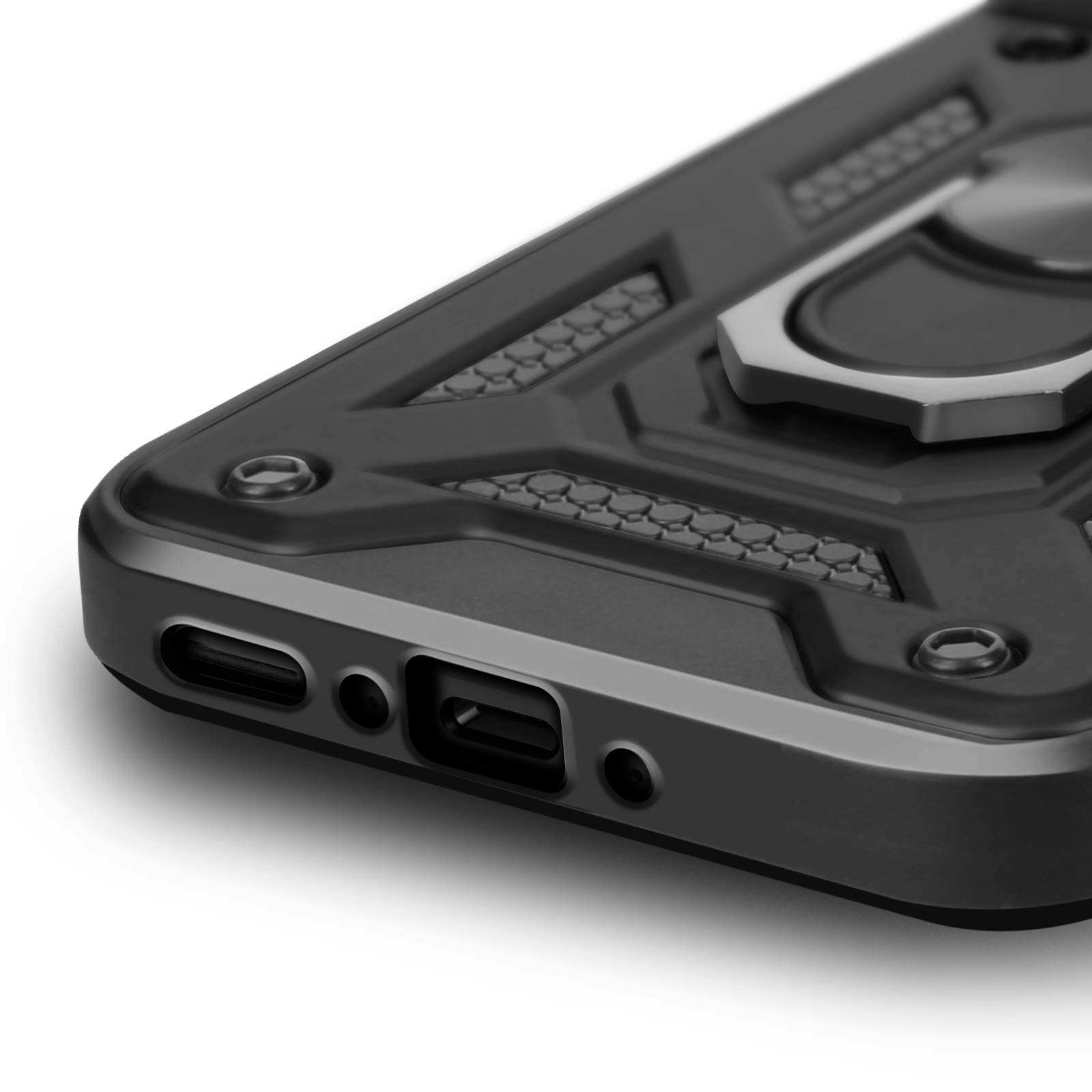Primo piano di una custodia nera per telefono con supporto ad anello. La custodia ha una superficie strutturata e ritagli per le porte.