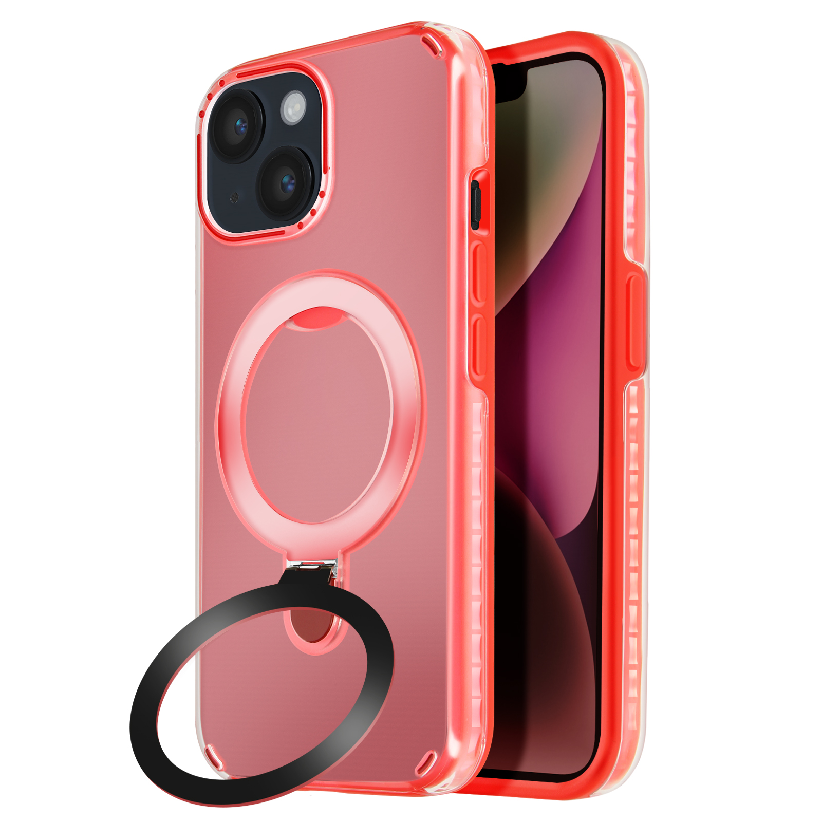 Telefono con custodia rossa con supporto ad anello. Il telefono è su una superficie bianca, con un anello nero.
